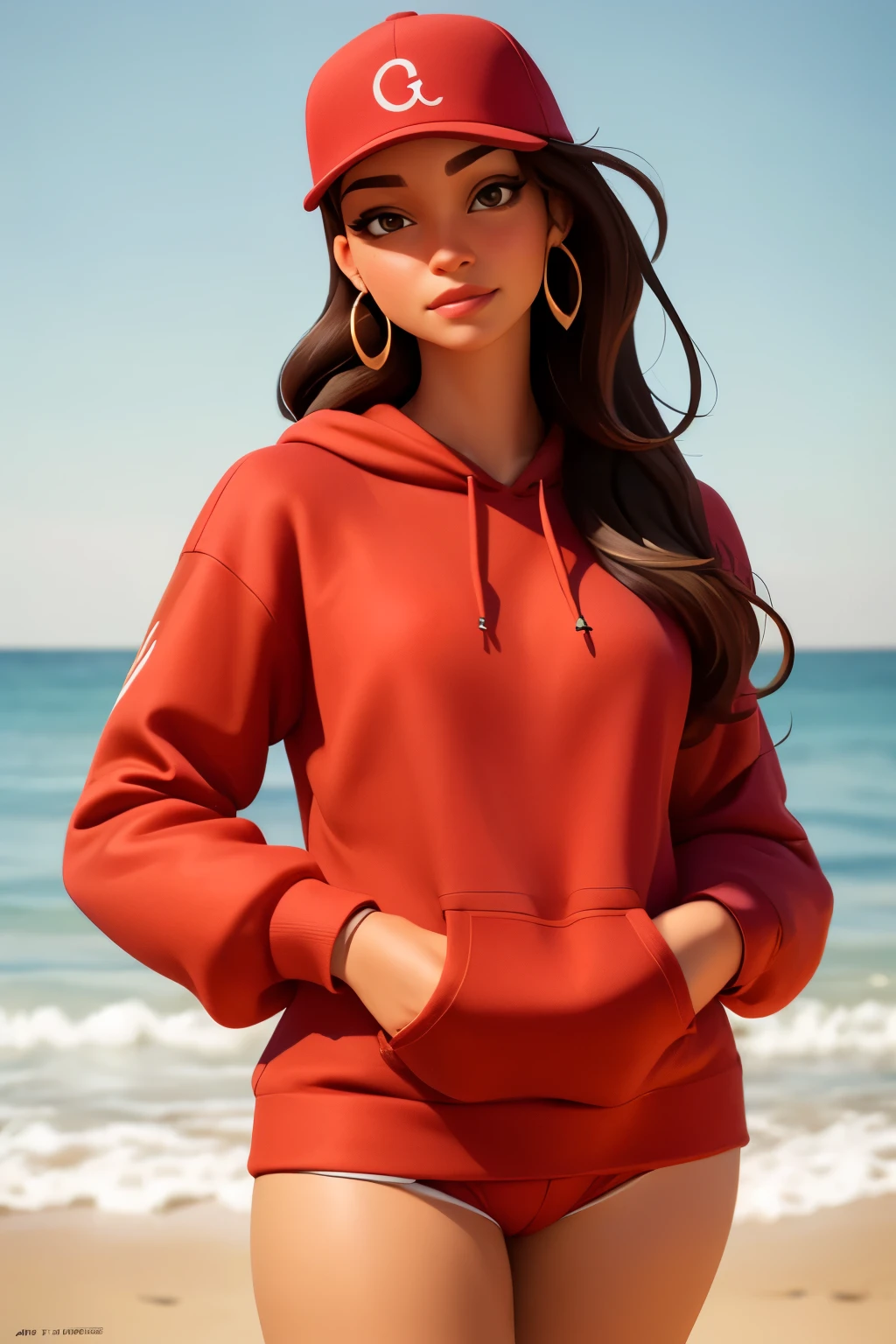 1girl, beautiful, smirk, wearing a hat, earrings, red sweatshirt, red_legwear, long hair, brown hair, mascara, earrings, (realistic:1.5), beach, brown eyes, slim body, perfect body, professional lighting, vibrant 