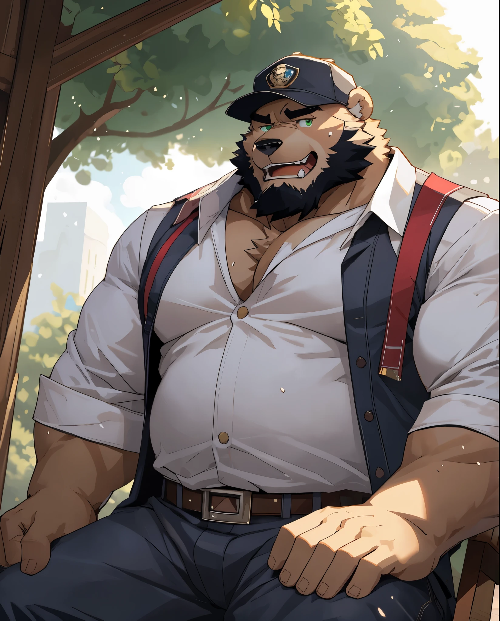 depth of field, perfect lighting, light particles,(best quality),(masterpiece),(ultra higher than ed),sharp focus,light particles,brown bear人,strong muscles,Strong body,Slightly fat,green eyes,builder地,tree,builder,cap,white vest,dust,sit on the chair,sweat,Wipe sweat with your hands,detail,Heroic laughter,uncle,beard,hairy,brown bear,hairy的胸,hairy的脸,hairy的手臂,brown bear特征,look at screen,Rough man,眼睛detail完善,高级眼睛detail,超详细面部detail,soft