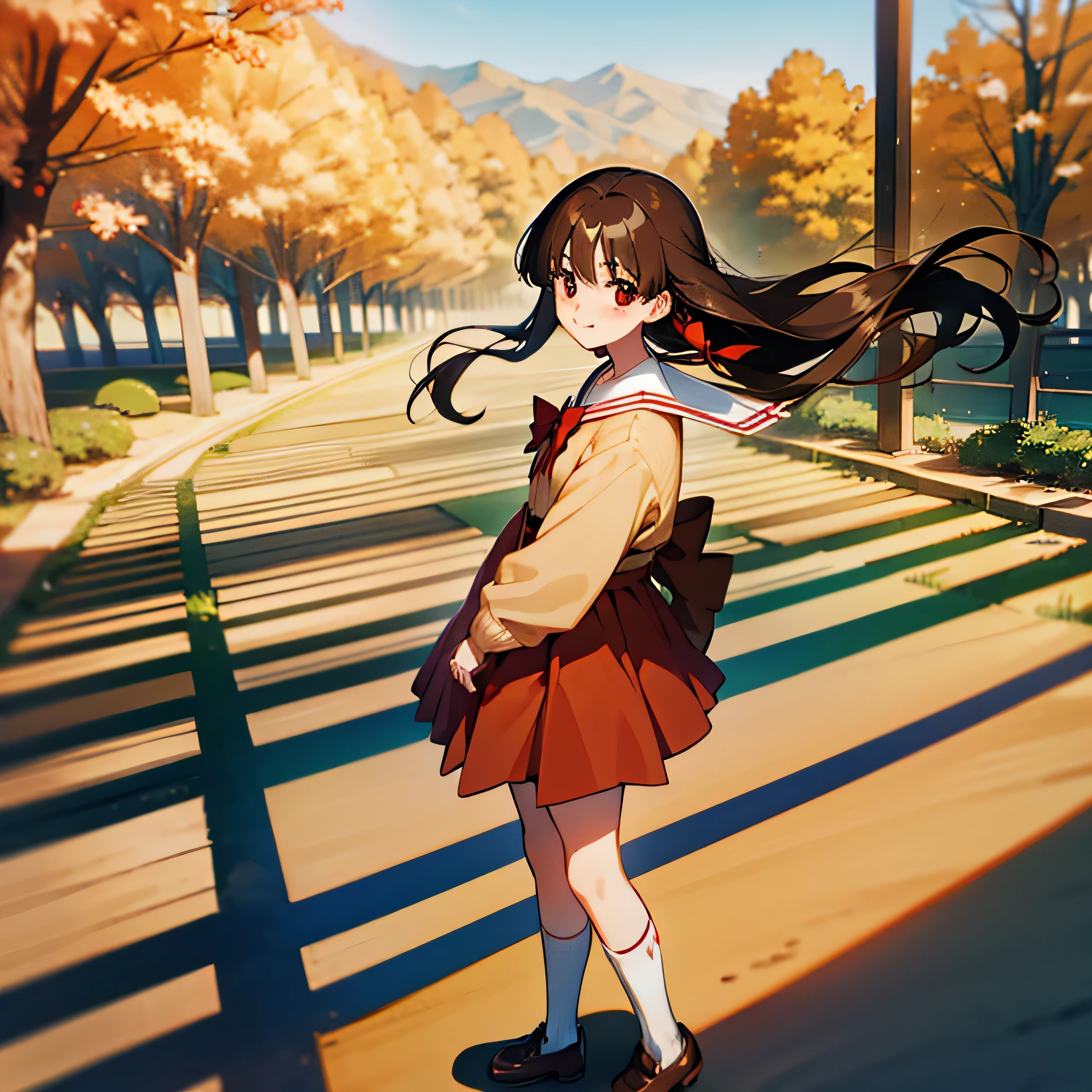 1girl, best quality, nagamori mizuka, ONE kagayaku kisetsu he, red eyes, long hair, light brown hair, yellow tape tying hair on the back, school uniform, red skirt, knee length skirt, white socks, brown shoes, white shirt with a red bow, sand colored cardigan sweater, smiling, hands behind, full body, in front of japanese house, looking at viewer, spring scenery