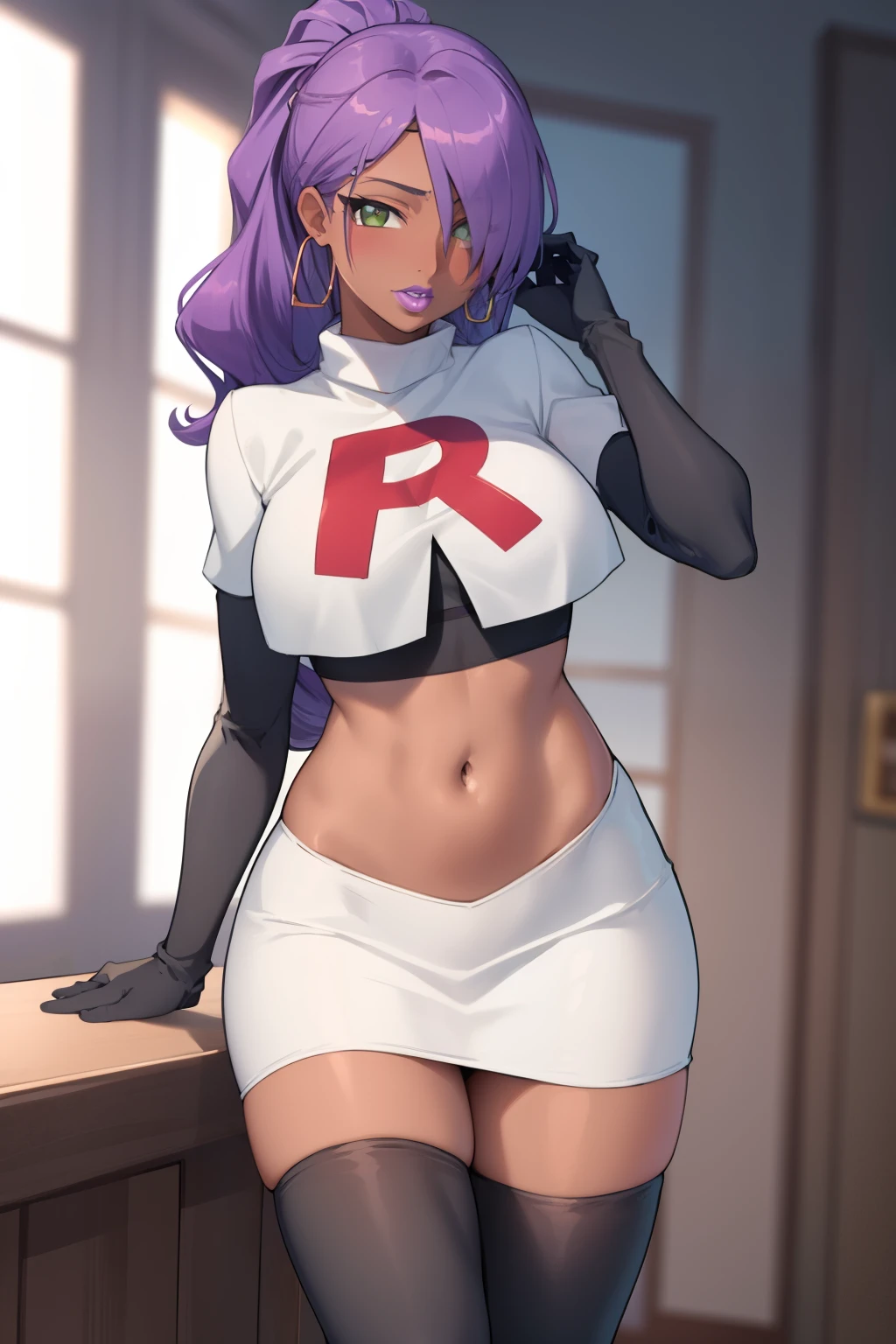 (masterpiece, highres, best quality:1.3), professional artwork, 8K, highly detailed, intricate, vibrant image, sharp focus, trending on pixiv
AishwaryaRay, solo, mature female, 40yo, milf, curvy, (dark skinned female:1.2), (dark skin:1.1), oral invitation, looking at viewer,
purple hair, long hair, ponytail, (hair over one eye:0.8), circlet, purple lips, makeup, green eyes, hoop earrings, chain, perfect eyes, perfect face, ultra detailed hair, detailed face,
(thighs:0.7), team rocket uniform, red letter R, white skirt,white crop top,black thigh-highs, black elbow gloves