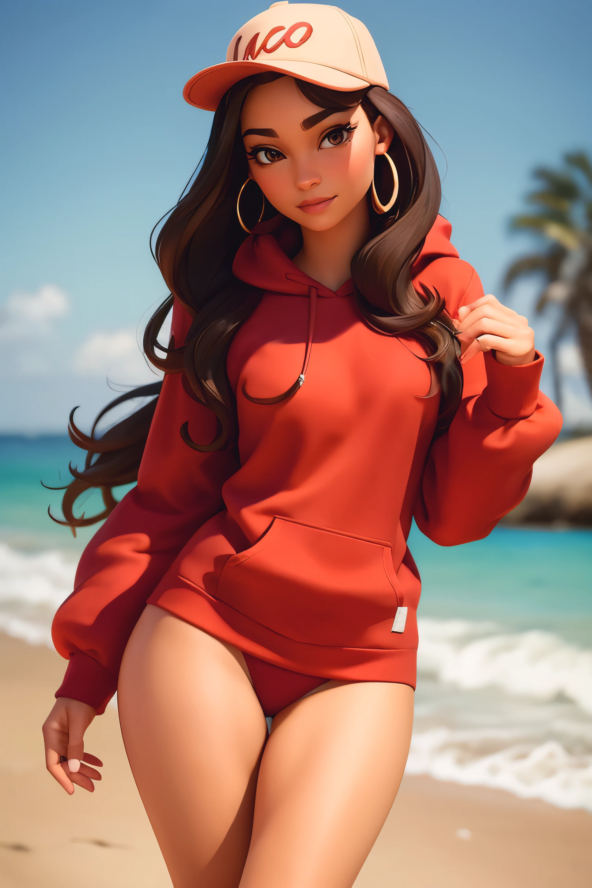 1girl, beautiful, smirk, wearing a hat, earrings, red sweatshirt, red_legwear, long hair, brown hair, mascara, earrings, (realistic:1.5), beach, brown eyes, slim body, perfect body, professional lighting, vibrant