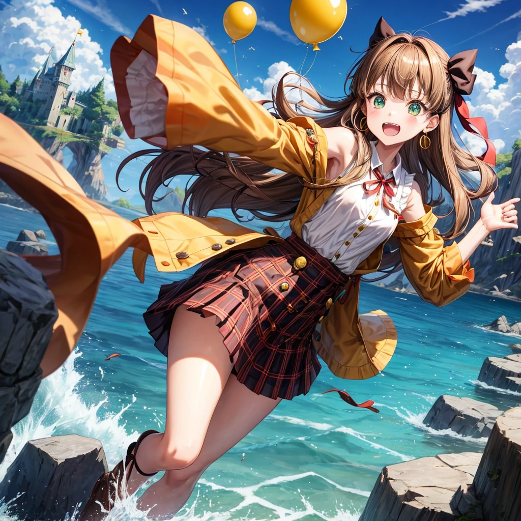 reddish-brown blonde、green eyes、one good looking girl、solo、anime、plaid mini skirt、the skirt has buttons、camisole、black t-shirt、dress、wearing a ribbon、ribbon at waist、cloak、hood、clouds are swirling、stone slabs are piled up、one hand raised、crystal earrings、sun、gold coins are falling、teeth are visible、splash of water、monster castle、have a world map、ceiling、golden key、balloon