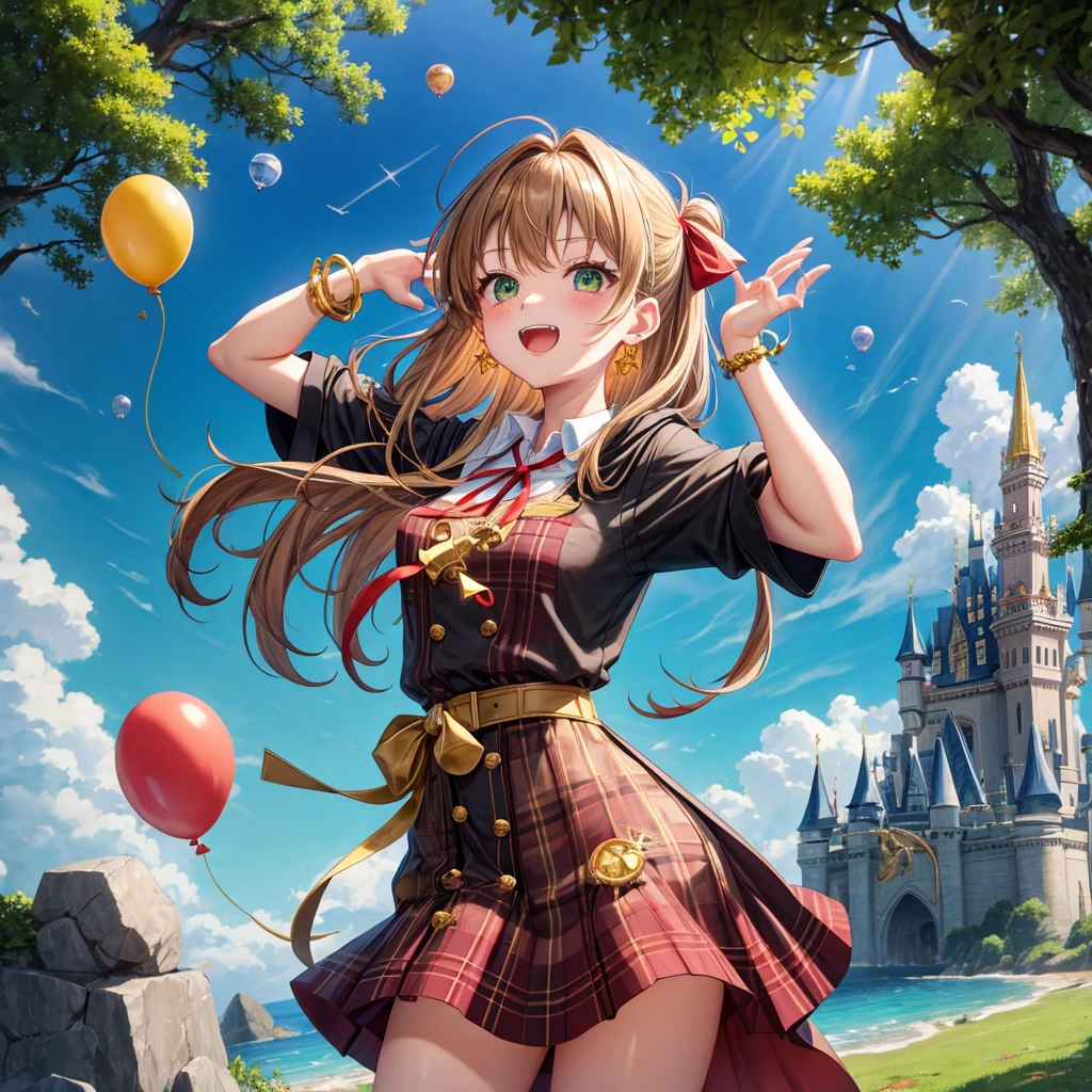 reddish-brown blonde、green eyes、one good looking girl、solo、anime、plaid mini skirt、the skirt has buttons、camisole、black t-shirt、dress、wearing a ribbon、ribbon at waist、cloak、hood、clouds are swirling、stone slabs are piled up、one hand raised、crystal earrings、sun、gold coins are falling、teeth are visible、splash of water、monster castle、have a world map、ceiling、golden key、balloon