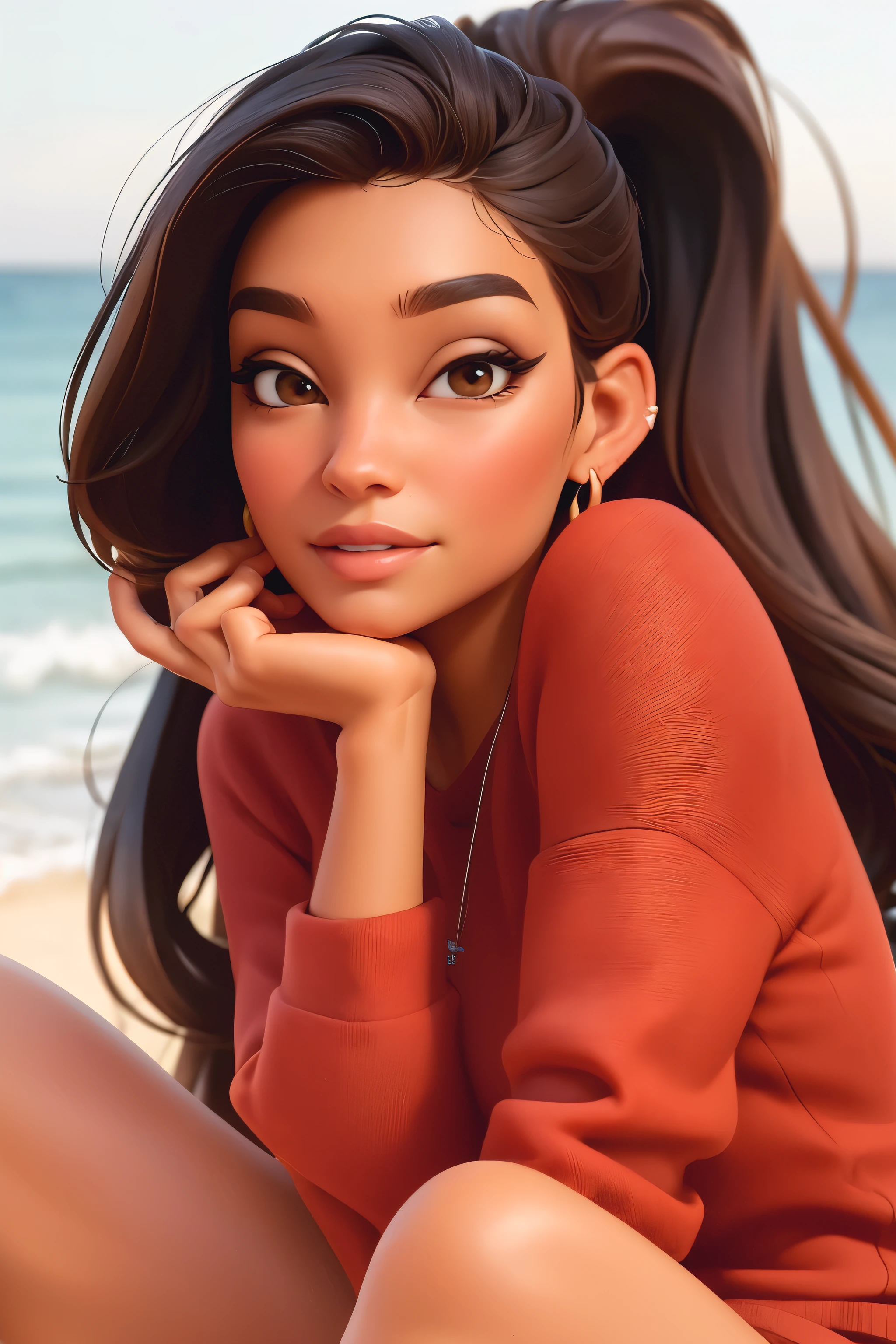 1girl, beautiful, smirk, wearing a red hat, earrings, red sweatshirt, red_legwear, long hair, brown hair, mascara, earrings, (realistic:1.5), beach, brown eyes, slim body, perfect body, professional lighting, vibrant