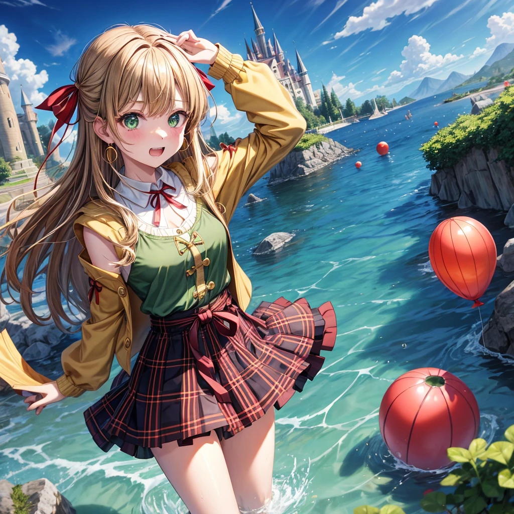 reddish-brown blonde、green eyes、one good looking girl、solo、anime、plaid mini skirt、the skirt has buttons、camisole、black t-shirt、dress、wearing a ribbon、ribbon at waist、cloak、hood、clouds are swirling、stone slabs are piled up、one hand raised、crystal earrings、sun、gold coins are falling、teeth are visible、splash of water、monster castle、have a world map、ceiling、golden key、balloon