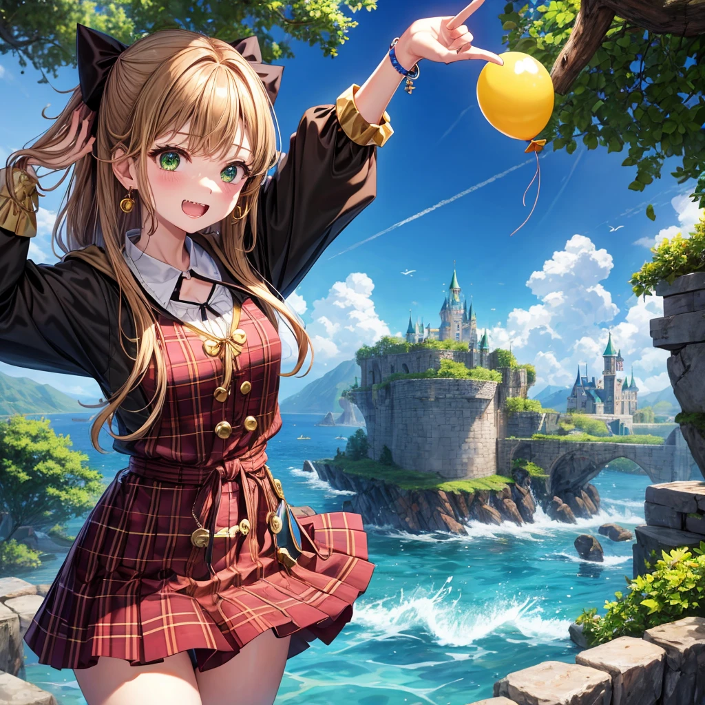 reddish-brown blonde、green eyes、one good looking girl、solo、anime、plaid mini skirt、the skirt has buttons、camisole、black t-shirt、dress、wearing a ribbon、ribbon at waist、cloak、hood、clouds are swirling、stone slabs are piled up、one hand raised、crystal earrings、sun、gold coins are falling、teeth are visible、splash of water、monster castle、have a world map、ceiling、golden key、balloon