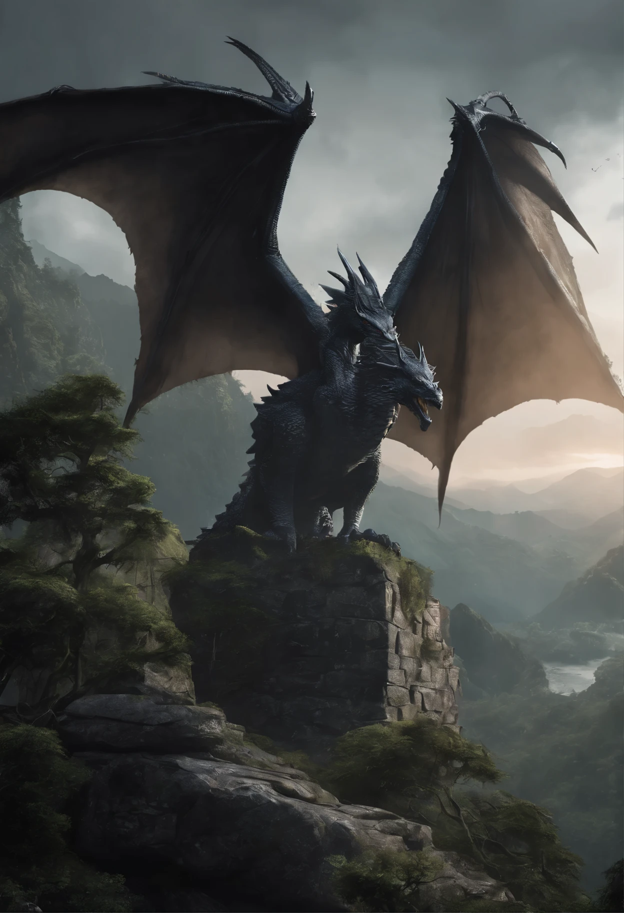 In the following prompt, I will generate a detailed stable diffusion prompt based on the given theme: "Dark Dragon in a hyperrealistic detailed photoshoot style with geographical data."
"(best quality,4k,8k,highres,masterpiece:1.2), ultra-detailed, (realistic,photorealistic,photo-realistic:1.37), dark dragon in a hyperrealistic detailed photoshoot style with geographical data, mythical creature, black scales, piercing eyes, large wingspan, intricate horns, detailed talons, majestic pose, mountains in the background, dramatic lighting, intense shadows, vivid colors, fine-scale texture on the dragon's skin, rainforest scenery, moss-covered rocks, towering trees, atmospheric haze, misty atmosphere, ancient ruins, mystical aura,"
Please note that the prompt includes the main subject, material, additional details, image quality, art style, color tone, and lighting. Keep in mind that the prompt should not have any explanations and should be a continuous string of comma-separated tags with a maximum of 40 tags and 60 words.