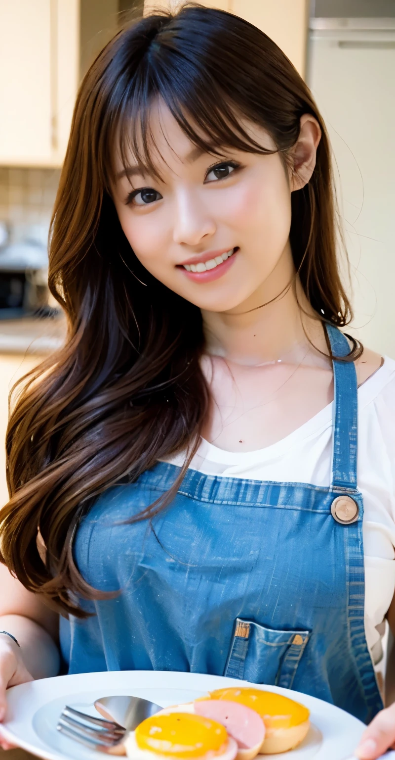 (perfect anatomy),((Ulzan 6500)),highest quality,very detailed,masterpiece,super detailed,超High resolution,(realistic:1.4,8k),服装はapronだけを着けている,((A homely, beautiful 20-year-old wife places a plate of ham, eggs and vegetables from the kitchen on the table with a big smile and tilts her head.)),Thin muscular big hips are irresistible,(apron),Chestnut curly semi-long hair,High nose and deep chiseled face,dynamic portrait,magic lighting,Bright colors,Melting deep depth of field background using Hasselblad,(highest quality,4k,8k,High resolution,masterpiece:1.2),(realistic,realistic:1.37),