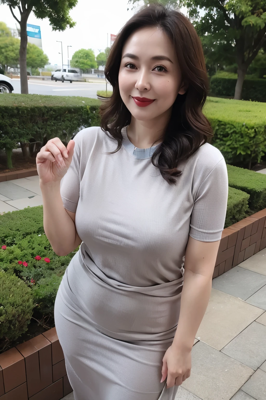 Draw lips correctly, red lipstick, from chest up, best quality, Super detailed, lifelike, Super fine skin, perfect anatomy, (1 日本Mature的女人), (alone)，Wearing a gray round neck dress，short sleeve，wavy long hair，37-year-old female，Mature，charming smile，garden background，stand，Big breasts，The nipple is not visible，full-body shot。