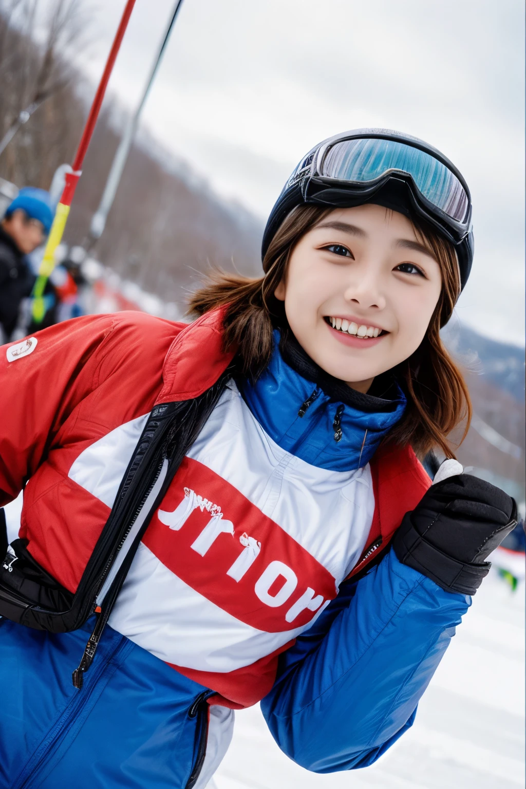 masterpiece、4k、highest quality、beautiful korean woman、Detailed description、1 girl、23 years old、(ski wear)、(to ski:1.1)、(movie, Ilford HP5, 80mm)、 Depth of the bounds written、cowboy shot、smile