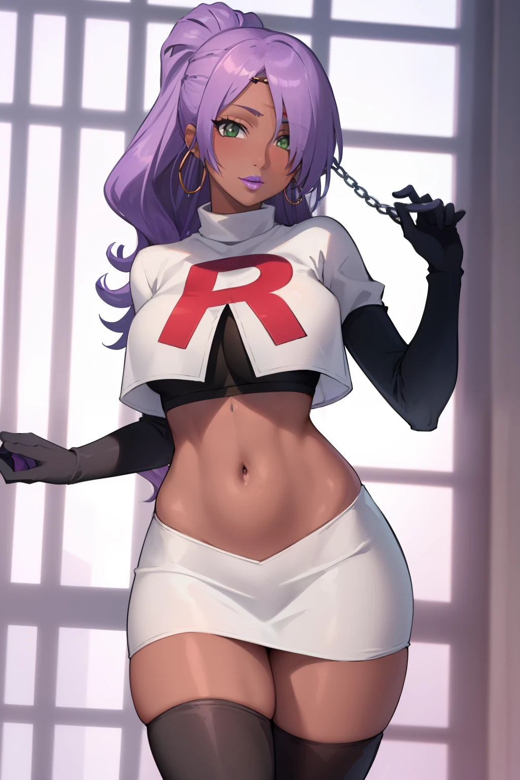 (masterpiece, highres, best quality:1.3), professional artwork, 8K, highly detailed, intricate, vibrant image, sharp focus, trending on pixiv
AishwaryaRay, solo, mature female, 40yo, milf, curvy, (dark skinned female:1.2), (dark skin:1.1), oral invitation, looking at viewer,
purple hair, long hair, ponytail, (hair over one eye:0.8), circlet, purple lips, makeup, green eyes, hoop earrings, chain, perfect eyes, perfect face, ultra detailed hair, detailed face,
(thighs:0.7), team rocket uniform, red letter R, white skirt,white crop top,black thigh-highs, black elbow gloves