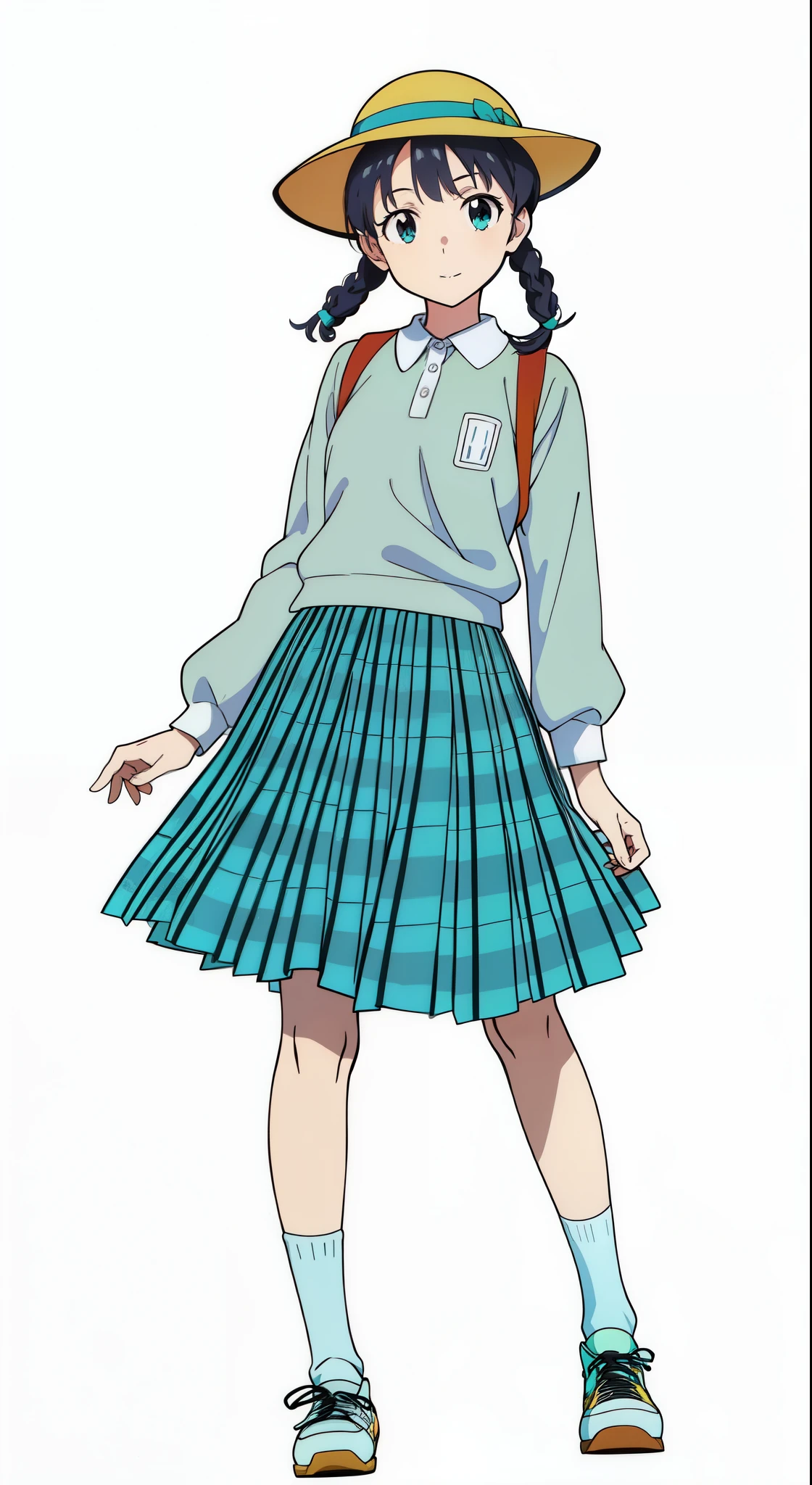 (white background:1.0), (best quality:1.0), (masterpiece:1.0), (super fine illustration:1.0), (beautiful artwork:1.0), (anime screencap:1.0), (official art:1.0), (full body:1.0), (solo:1.0), (ESGA:1.0), (a 12yo cute girl:1.25), (yellow hat:1.25), (red backpack:1.0), (long skirt:1.0), (green tartan skirt:1.0), (pleated skirt:1.0), (aqua blue polo shirt:1.0), (long sleeve polo shirt:1.0), (sneakers:1.0), (white socks:1.25), (ideal ratio body proportions:1.25), (lanky:1.25), (tall:1.25), (slender:1.25), (small breasts:1.25), (smaller face:1.25), (tareme:1.5), (detailed beautiful eyes:1.25), (detailed beautiful face:1.25), (glowing black eyes:1.1), (short hair:1.0), (twin braids:1.0), (black hair:1.0), (looking at viewer:1.5)