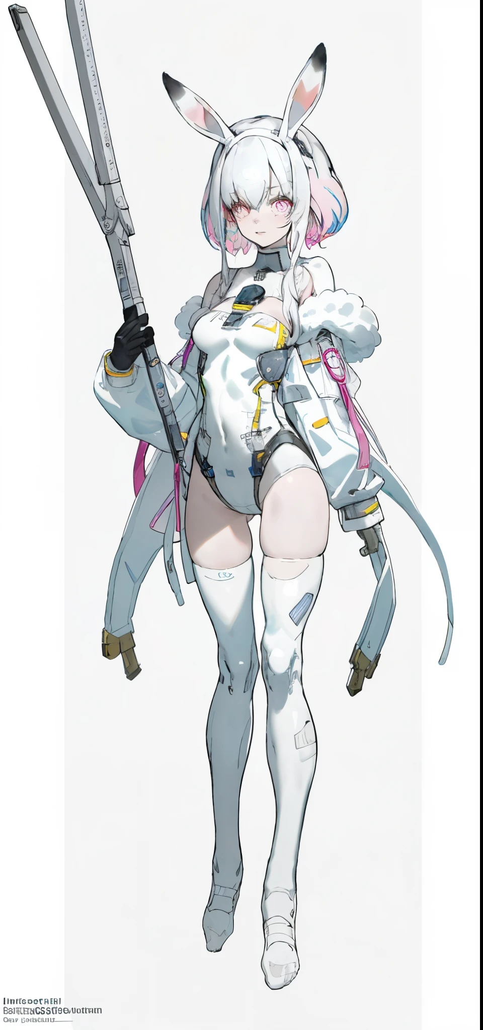 Rabbit technique , science fiction, fluffy , 1 girl, glowing eyes, Colorful glowing hair , (Full body female love), White hair, Kavitek, pastel colors, kawaii, cutecolors,White knee-high socks,no shoes,Deep V hollow outfit