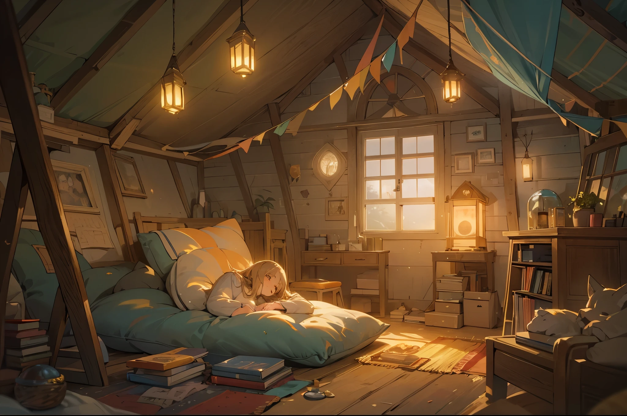 cozy and whimsical indoor setting, where a girl is relaxing inside a makeshift tent, surrounded by various objects that contribute to the warm and inviting atmosphere. The lighting and arrangement of items create a sense of comfort and solitude.
The image portrays an attic room with wooden beams and arched windows.
A girl is seen lying inside a makeshift tent made of blankets, illuminated from within.
Various objects are scattered around the room including books, a globe, an unplugged TV, and toys.
A lantern is placed beside the tent casting soft light in the immediate surroundings.
The room has two arched windows; one window allows moonlight to seep in while another has warm light emanating from it.  Anime style 