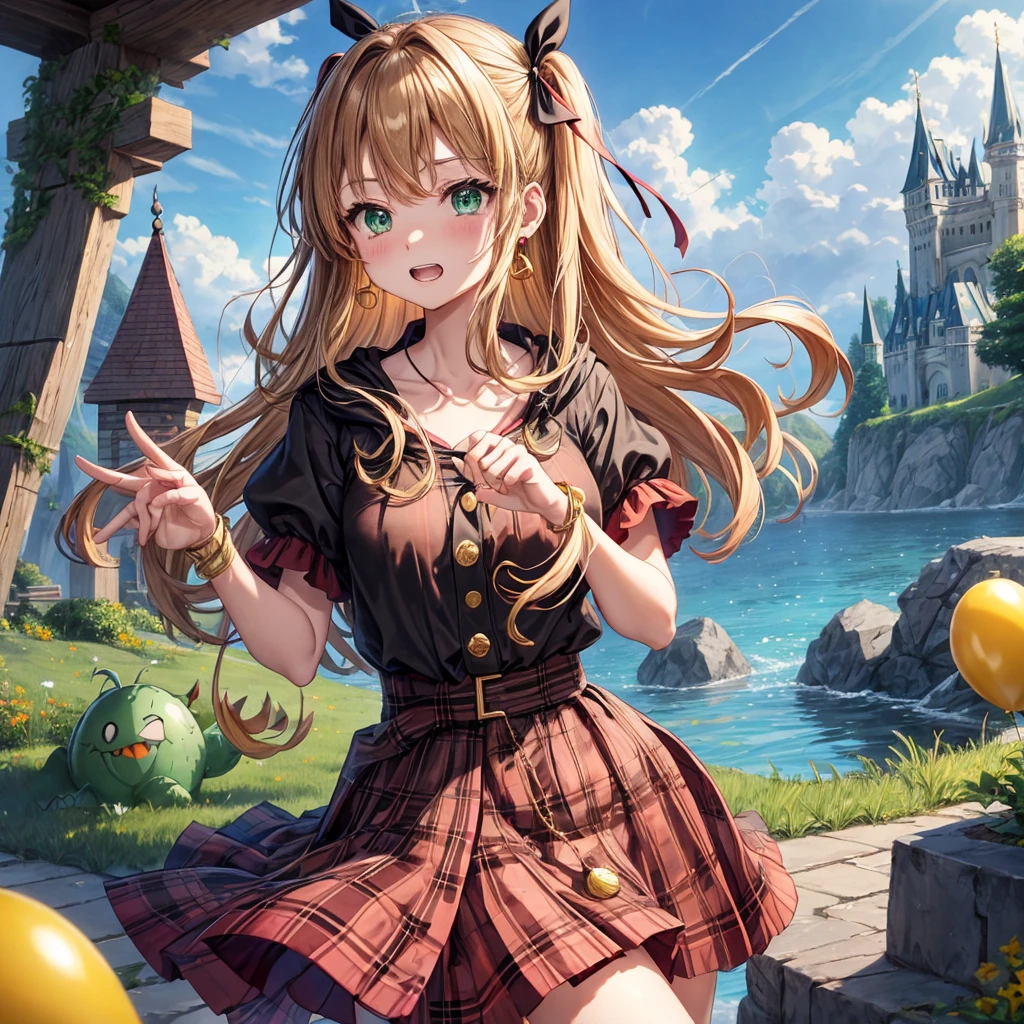 reddish-brown blonde、green eyes、one good looking girl、solo、anime、plaid mini skirt、the skirt has buttons、camisole、black t-shirt、dress、wearing a ribbon、ribbon at waist、cloak、hood、clouds are swirling、stone slabs are piled up、one hand raised、crystal earrings、sun、gold coins are falling、teeth are visible、splash of water、monster castle、have a world map、ceiling、golden key、balloon
