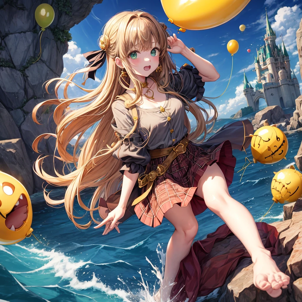 reddish-brown blonde、green eyes、one good looking girl、solo、anime、plaid mini skirt、the skirt has buttons、camisole、black t-shirt、dress、wearing a ribbon、ribbon at waist、cloak、hood、clouds are swirling、stone slabs are piled up、one hand raised、crystal earrings、sun、gold coins are falling、teeth are visible、splash of water、monster castle、have a world map、ceiling、golden key、balloon