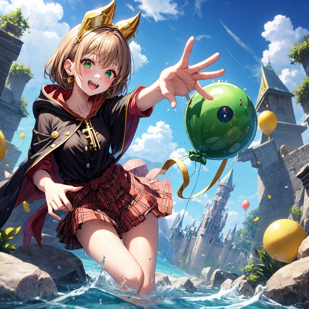 reddish-brown blonde、green eyes、one good looking girl、solo、anime、plaid mini skirt、the skirt has buttons、camisole、black t-shirt、dress、wearing a ribbon、ribbon at waist、cloak、hood、clouds are swirling、stone slabs are piled up、one hand raised、crystal earrings、sun、gold coins are falling、teeth are visible、splash of water、monster castle、have a world map、ceiling、golden key、balloon