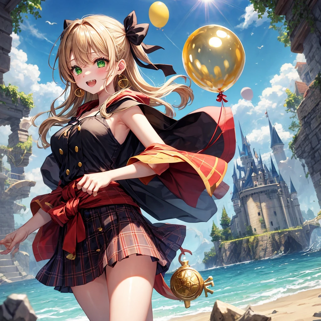 reddish-brown blonde、green eyes、one good looking girl、solo、anime、plaid mini skirt、the skirt has buttons、camisole、black t-shirt、dress、wearing a ribbon、ribbon at waist、cloak、hood、clouds are swirling、stone slabs are piled up、one hand raised、crystal earrings、sun、gold coins are falling、teeth are visible、splash of water、monster castle、have a world map、ceiling、golden key、balloon