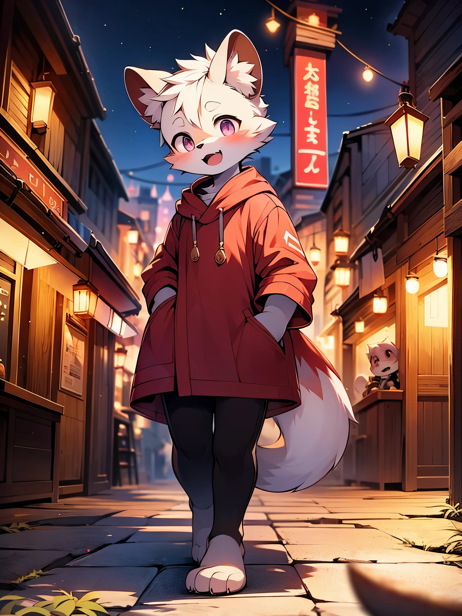 Civet cat, little boy, cute, (solo), (((with brown and white fur))), purple big eyes, blushing face, smiling, opening mouth, red bathrobe, white thong, walking, night, ancient Asian cities, bright street lights, blue and black slate roads, empty streets, starry sky, shadows, fine facial depiction, ((accurate hand depiction)), Rembrandt light and shadow, ultra fine