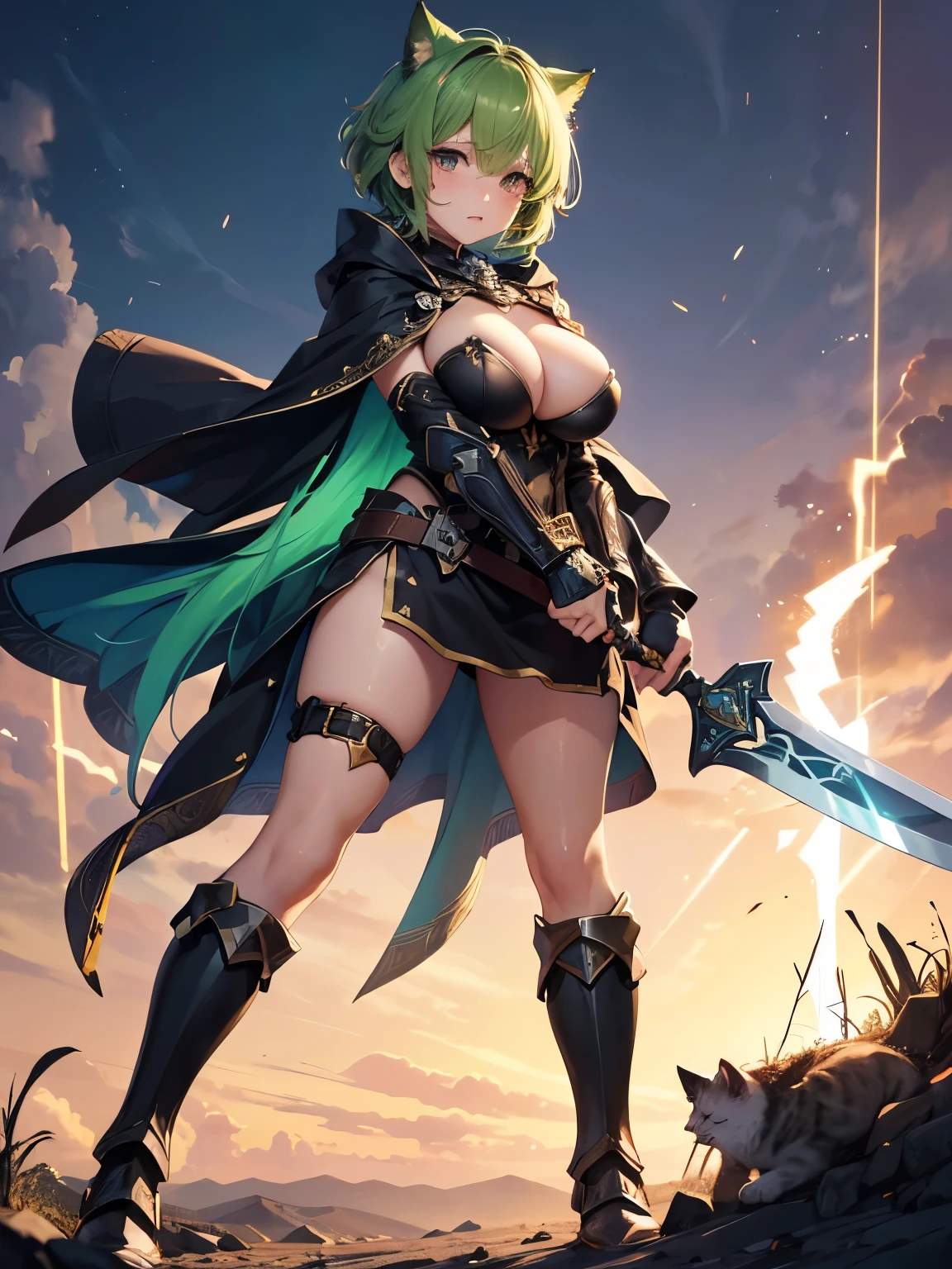 highest quality,wonderful,masterpiece,delicate,ultra high resolution,Super detailed,intricate details,beautiful,8K resolution,(Highly detailed CG Unity 8k wallpaper),sharp focus、big breasts、green hair、short hair、vivid hair、、Shaggy hair、Cat ear、Glossy skin、My skin is shining、Vibrant skin、、、short、kawaii、beautiful瞳、My eyes are sparkling、black cloak、night、Brave、fighter、knight、warrior、sword、Silver Shield、Green armor、Green Armor、anime、full body framing、outside、The sword is engulfed in electricity、the sword is shining