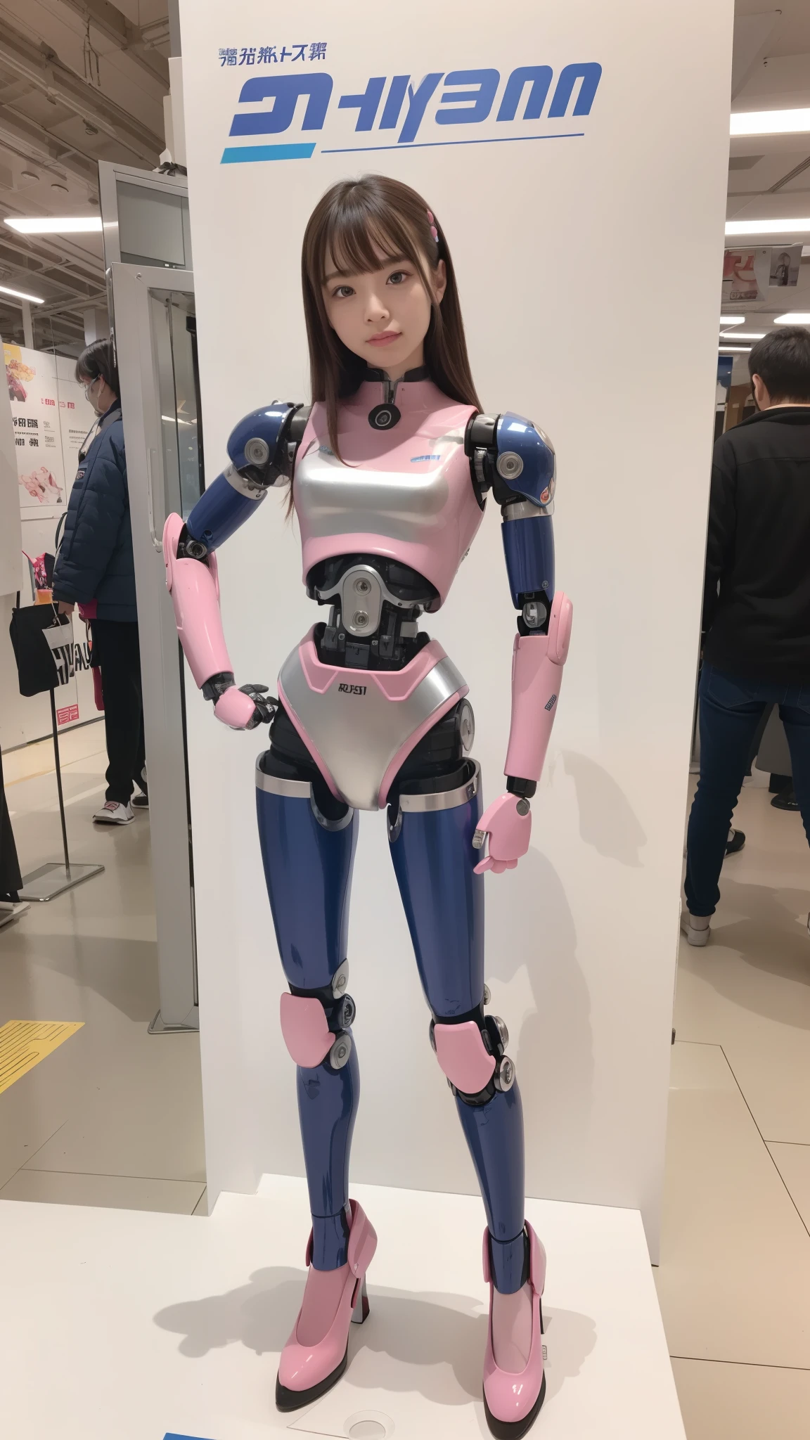 cyborg, pink there, Silver, Metallic body, Robot Parts, Metal Parts, Super Detailed Face, Super well-formed face, of the highest quality, a small face, a small head, full body, Brown hair, Slender body, Camera gaze, Internal Mechanical Exposure, Idol, Well-proportioned body, gravure, Photo session, Akihabara, Moe Pose, Standing with legs open, Model body type, sad, Embarrassing,(Perfect Robot Girl),(Perfect machine body)