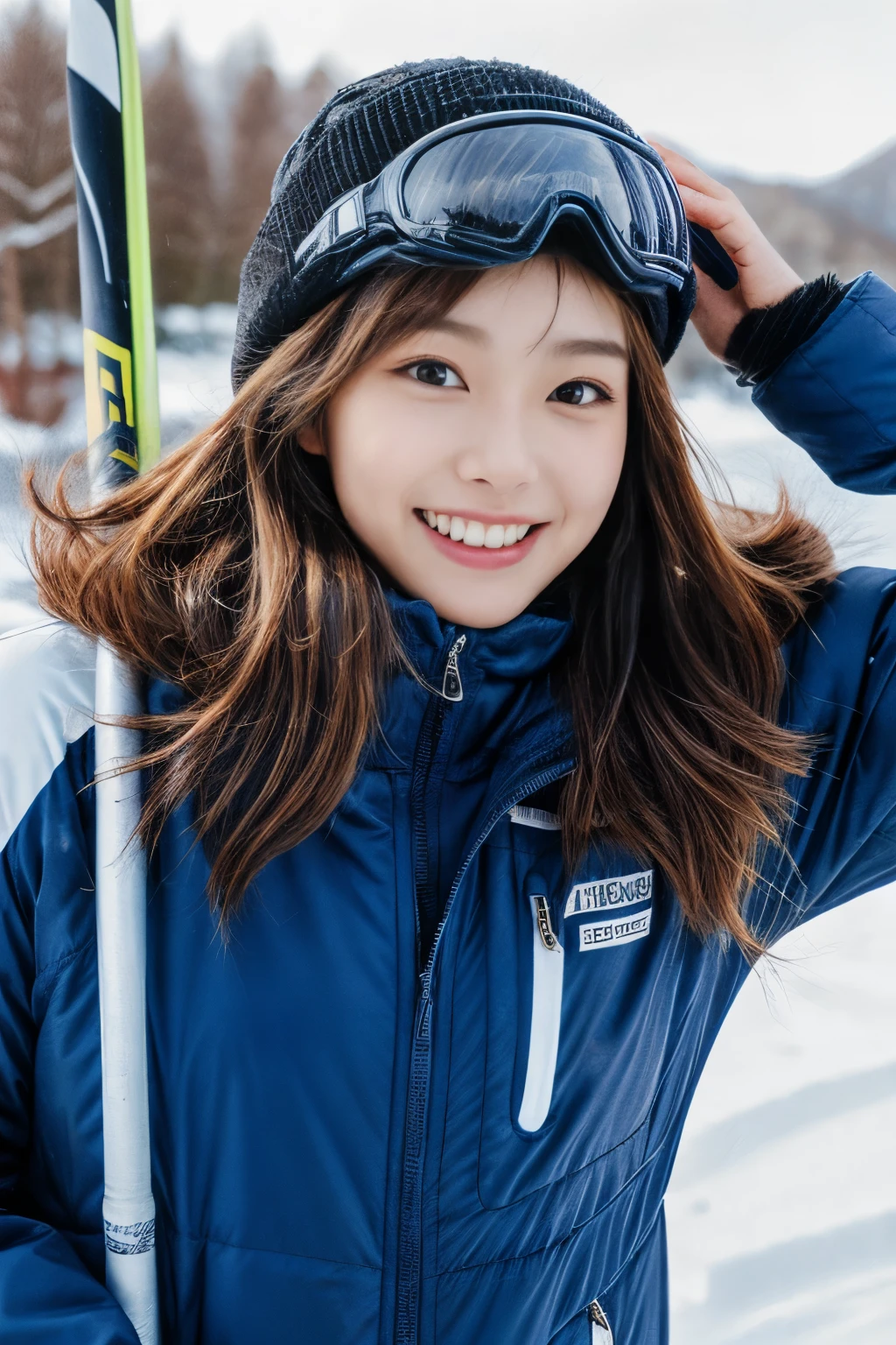 masterpiece、4k、highest quality、beautiful korean woman、Detailed description、1 girl、23 years old、(ski wear)、(to ski:1.1)、(movie, Ilford HP5, 80mm)、 Depth of the bounds written、cowboy shot、smile