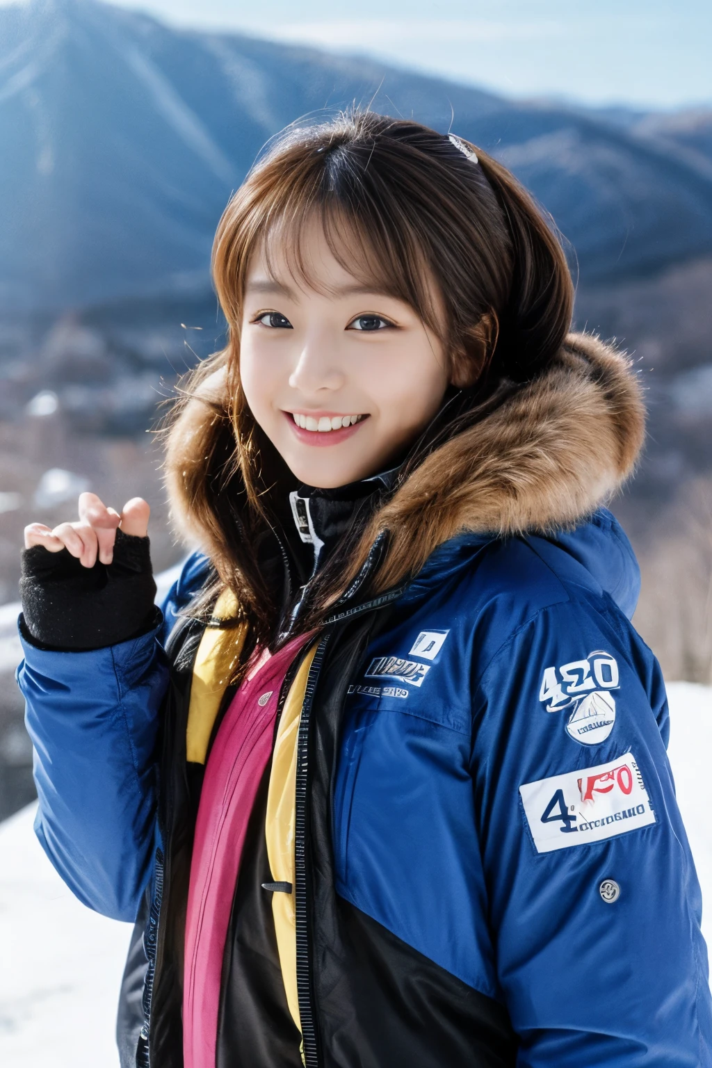 masterpiece、4k、highest quality、beautiful korean woman、Detailed description、1 girl、23 years old、(ski wear)、(to ski:1.1)、(movie, Ilford HP5, 80mm)、 Depth of the bounds written、cowboy shot、smile