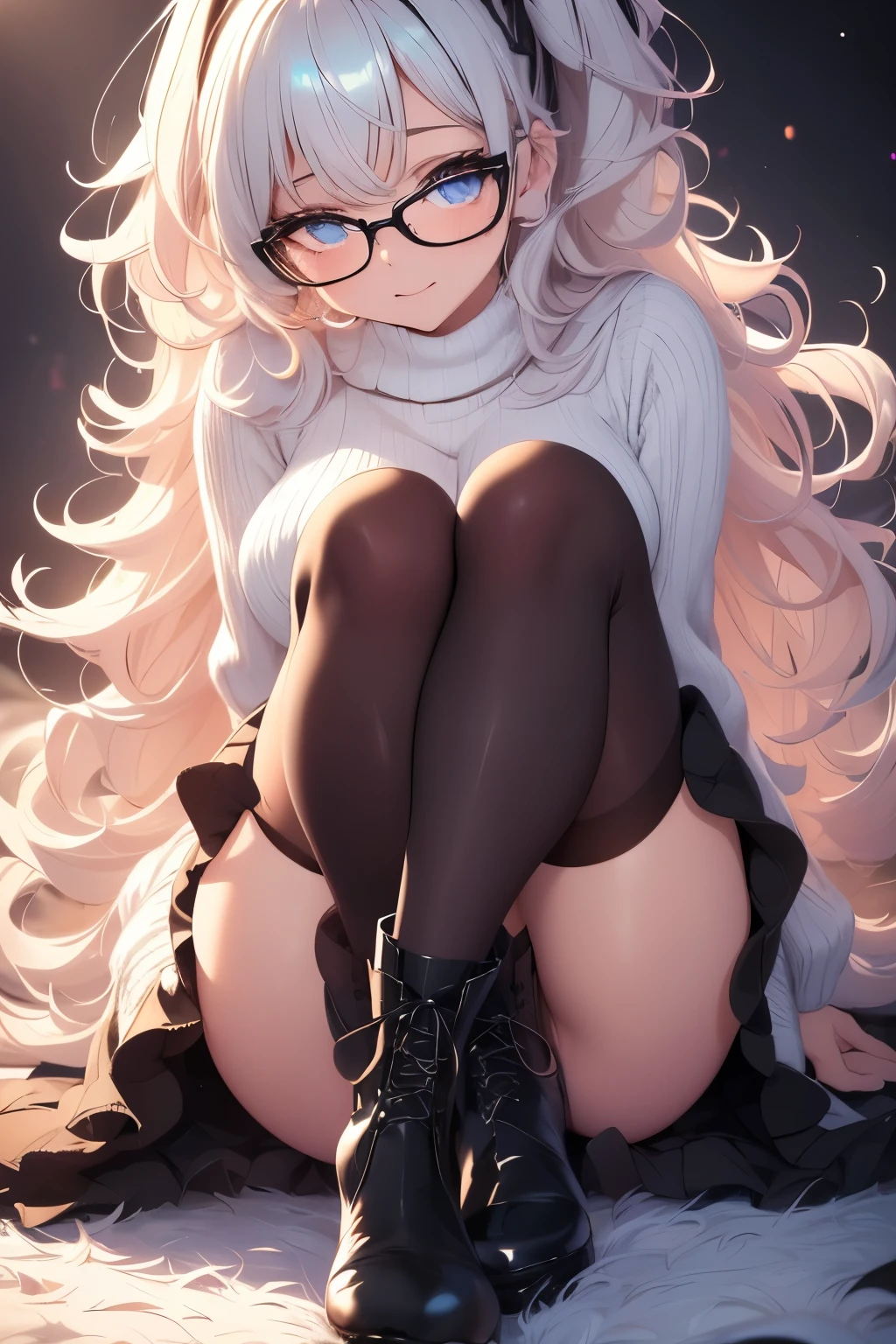 best quality, 32k, RAW photo, incredibly absurdres, extremely detailed, delicate texture, cute woman, (high kick pose), glasses, two side up messy wavy hair, wearing fluffy long-pile knit sweater, fluffy skirt, amorous and lewd expression, superlative body proportion, black pantyhose, black engineer boots, background iridescent pastel color