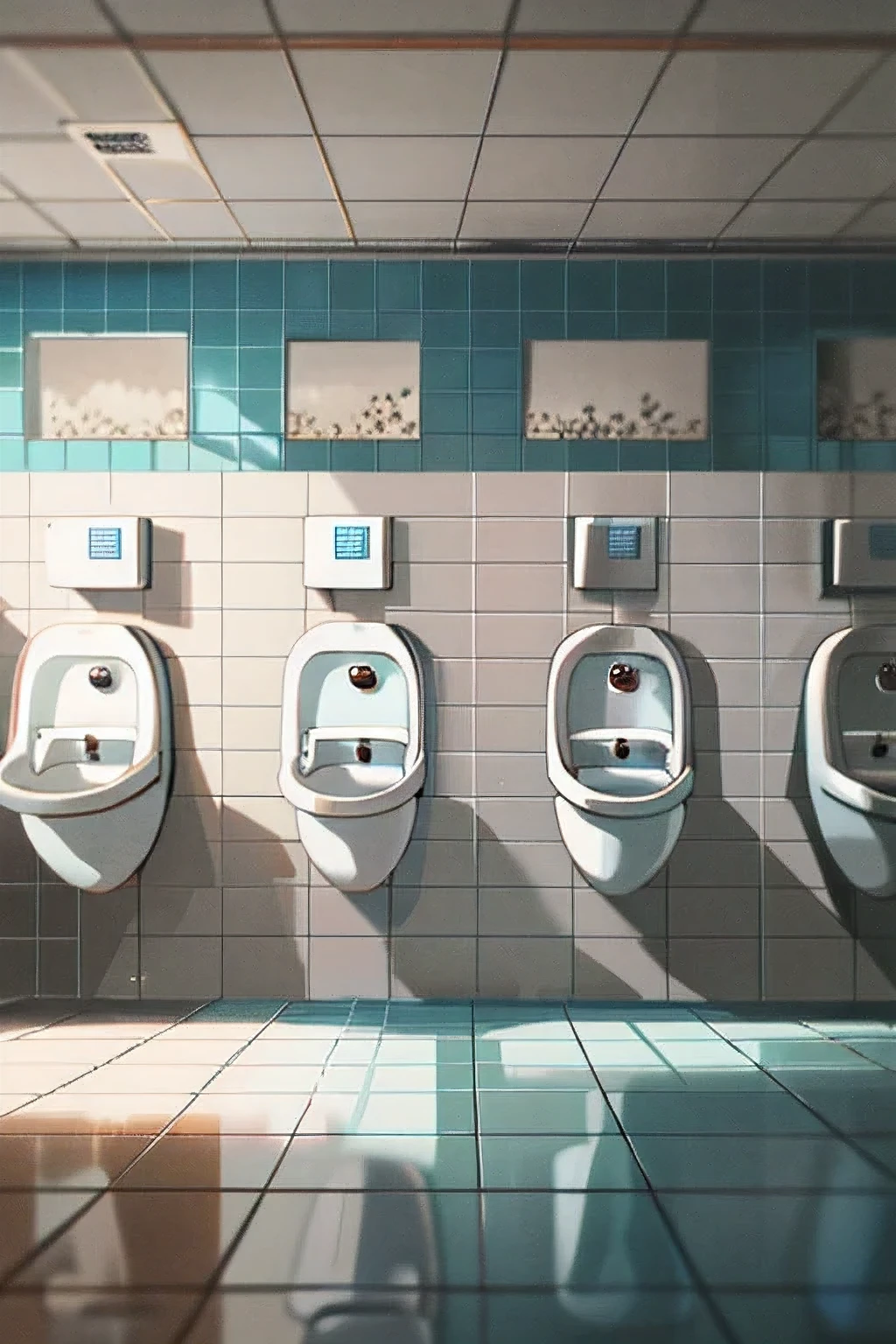 arafed urinals in the bathroom with tiled walls and floor, an upside down urinal, the Toilet is shiny, unhygienic, wooden Toilets, between two chairs over a Toilet, Toilet, broken Toilets, 商用Toilet干手器, California;, interior of a bathroom, Stunningly composed images, in the bathroom, professional, full image, glazed