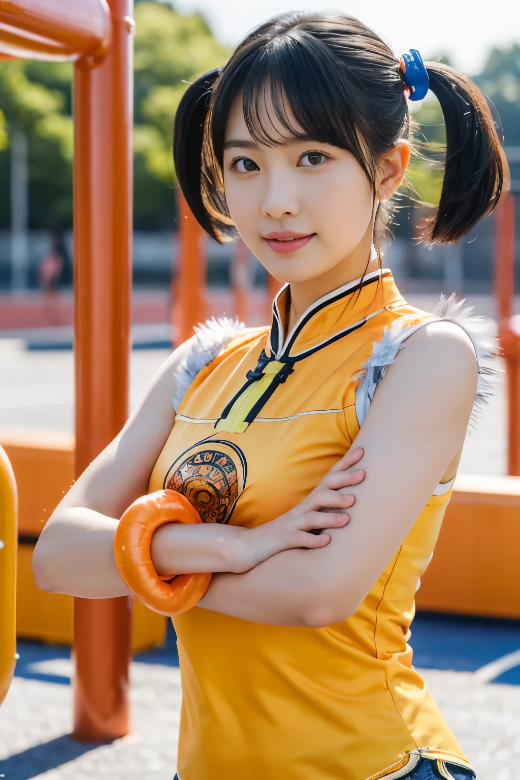 (masterpiece, highest quality:1.2), alone, 1 girl, high school girl,Upper body,Lin Xiaoyu, slight smile, combat readiness, twin tails, Chinese service, Orange Cheongsam, white shorts, No sleeve, jewelry, bracelet,schoolyard,playground,courtyard