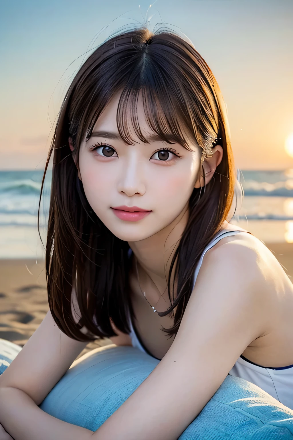 table top, highest quality, shape, Super detailed, finely, High resolution, 16k, perfect dynamic composition, straight hair, medium hair, brown hair,natural color lip, smile, 20歳のgirl、cute、beautiful、完璧でbeautiful顔, beautiful and detailed face, slim face and body, Elegant face, KPOP idol face、Day本のアイドルの顔、small face、Big eyes, brown eyes, droopy eyes, 緻密でbeautiful目, girl, Lie, beach, Dayの出, early morning, light, gentle shine, peaceful look, quiet, pale pink, Soft Blue, dawn, null, calm sea, quiet, Day,