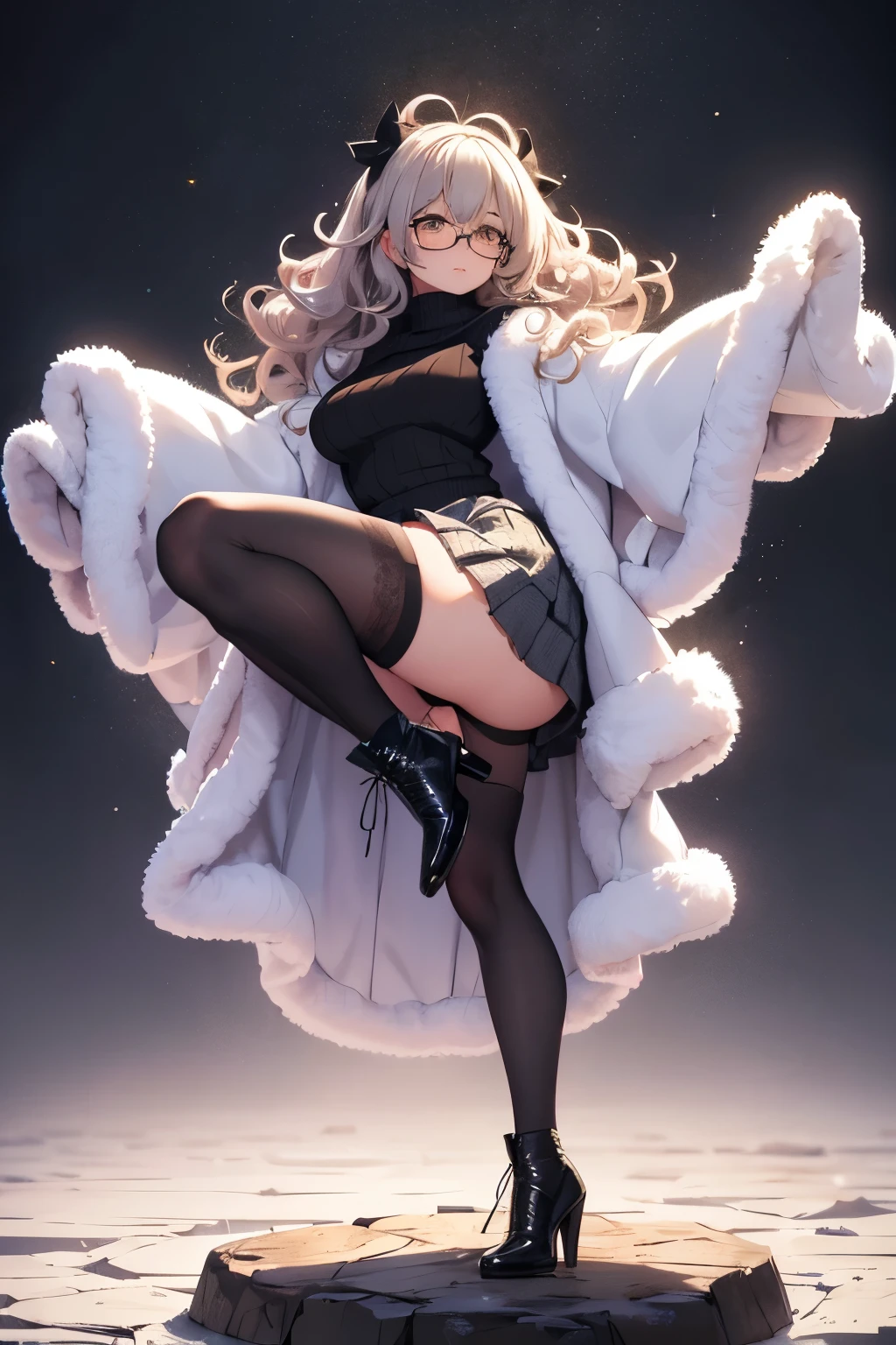 best quality, 32k, RAW photo, incredibly absurdres, extremely detailed, delicate texture, cute woman, (high kick pose), glasses, two side up messy wavy hair, wearing fluffy long-pile knit sweater, fluffy skirt, amorous and lewd expression, superlative body proportion, black pantyhose, black engineer boots, background iridescent pastel color
