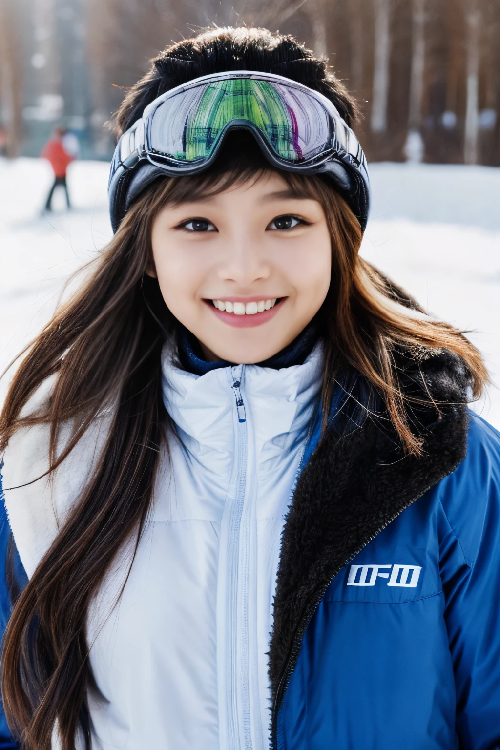 masterpiece、4k、highest quality、beautiful korean woman、Detailed description、1 girl、23 years old、(ski wear)、(to ski:1.1)、(movie, Ilford HP5, 80mm)、 Depth of the bounds written、cowboy shot、smile