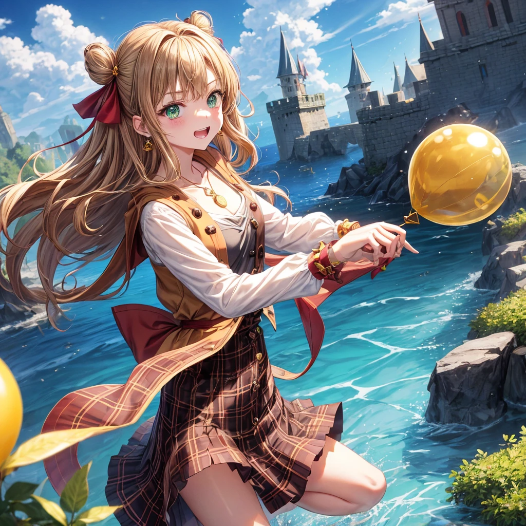 reddish-brown blonde、green eyes、one good looking girl、solo、anime、plaid mini skirt、the skirt has buttons、camisole、black t-shirt、dress、wearing a ribbon、ribbon at waist、cloak、hood、clouds are swirling、stone slabs are piled up、one hand raised、crystal earrings、sun、gold coins are falling、teeth are visible、splash of water、monster castle、have a world map、ceiling、golden key、balloon、jewelry necklace