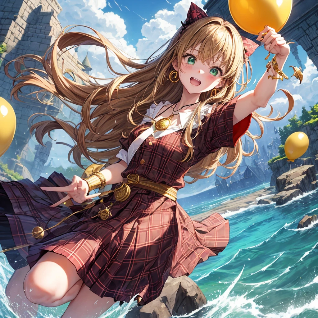 reddish-brown blonde、green eyes、one good looking girl、solo、anime、plaid mini skirt、the skirt has buttons、camisole、black t-shirt、dress、wearing a ribbon、ribbon at waist、cloak、hood、clouds are swirling、stone slabs are piled up、one hand raised、crystal earrings、sun、gold coins are falling、teeth are visible、splash of water、monster castle、have a world map、ceiling、golden key、balloon、jewelry necklace