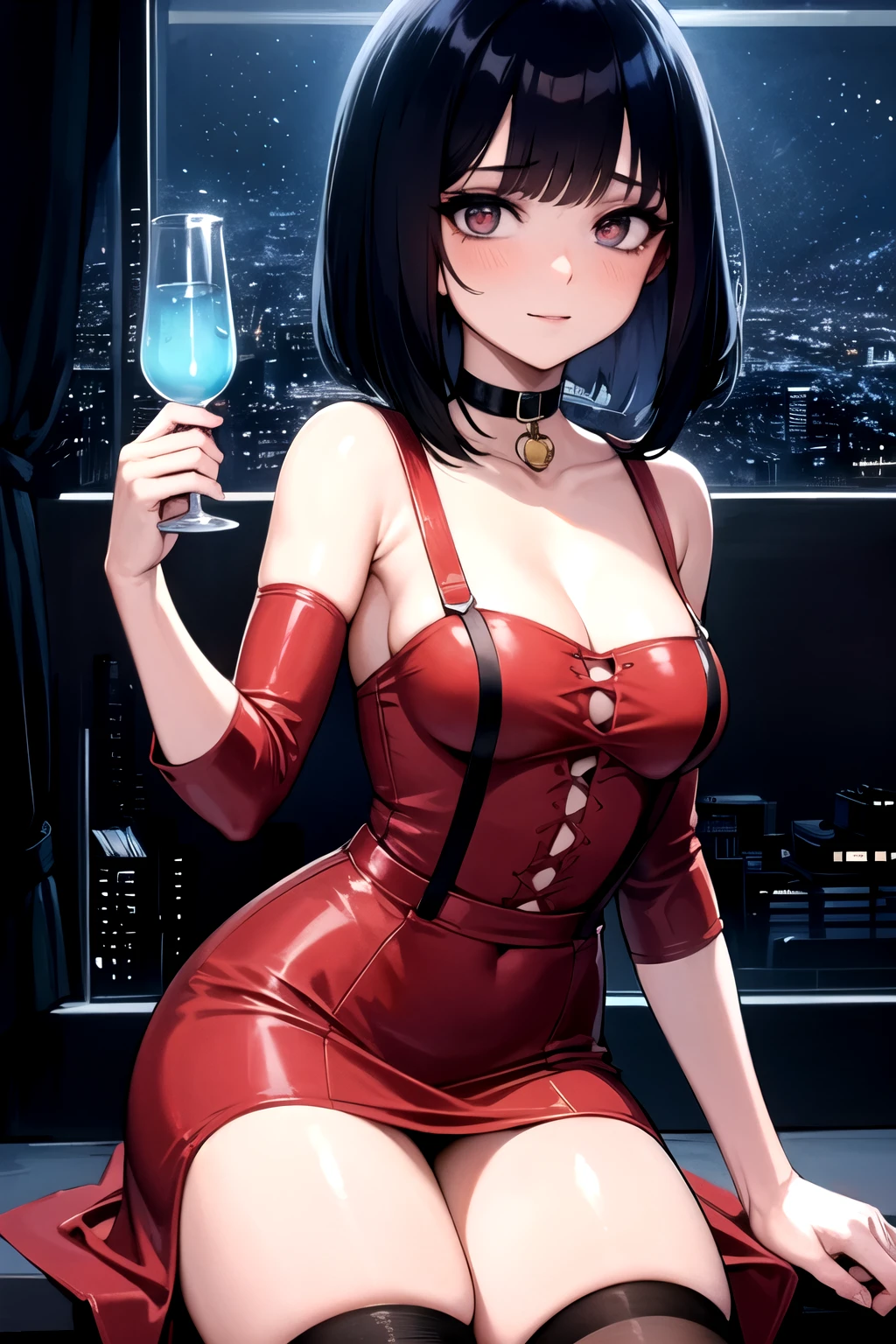 best qyality, perky tits, 8k,  stocking suspenders,  woman, medium breasts, jazz bar, red dress, bob hairstyle, choker around the neck, starry eyes, noir style, professional light