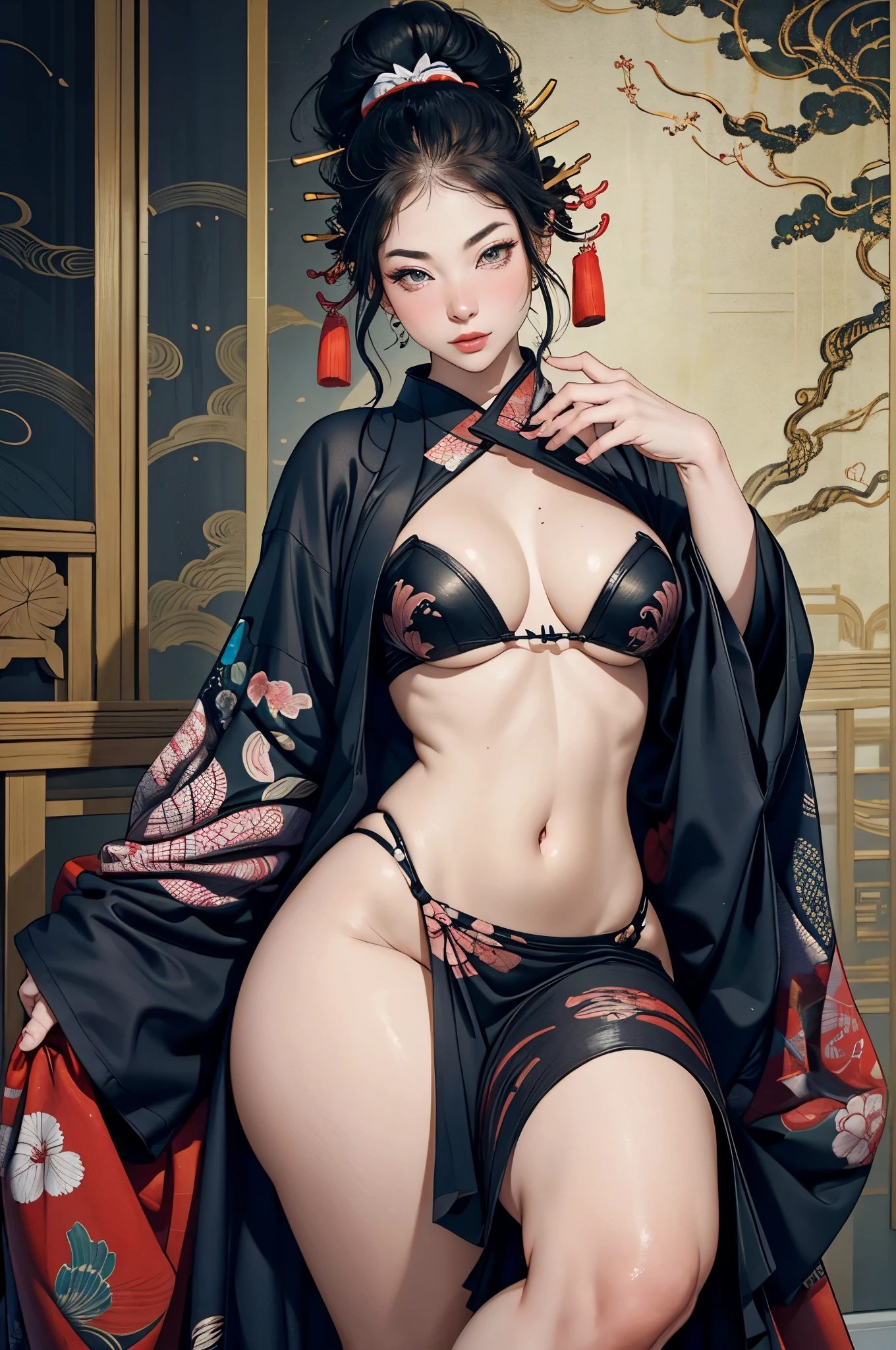 Umalinda warrior sexy, pretty face, Delicious Company, Alluring figure, Wearing a sexy open kimono. The artwork is created in a medium reminiscent of Japanese ink paintings....., 具有大胆的笔触和Monochromatic color palette. artist'Masterful technique reveals the intensity and power of the image'sense of presence,with the highest quality, Perfectly capture every detail with ultra-high resolution. Textures and intricate patterns on kimonos are rendered with extreme precision. Lighting is carefully designed,Enhance drama, Features deep shadows and subtle highlights. General, The artwork exudes elegance and power, Combining traditional Japanese aesthetics with a modern feel. Monochromatic color palette, Combine details, Create captivating and immersive experiences for your audience.