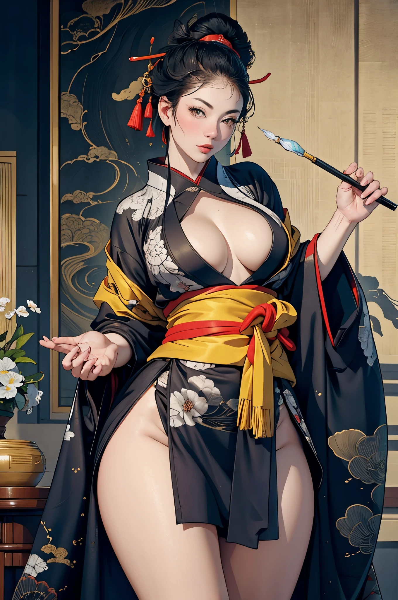 Umalinda warrior sexy, pretty face, Delicious Company, Alluring figure, Wearing a sexy open kimono. The artwork is created in a medium reminiscent of Japanese ink paintings....., 具有大胆的笔触和Monochromatic color palette. artist'Masterful technique reveals the intensity and power of the image'sense of presence,with the highest quality, Perfectly capture every detail with ultra-high resolution. Textures and intricate patterns on kimonos are rendered with extreme precision. Lighting is carefully designed,Enhance drama, Features deep shadows and subtle highlights. General, The artwork exudes elegance and power, Combining traditional Japanese aesthetics with a modern feel. Monochromatic color palette, Combine details, Create captivating and immersive experiences for your audience.