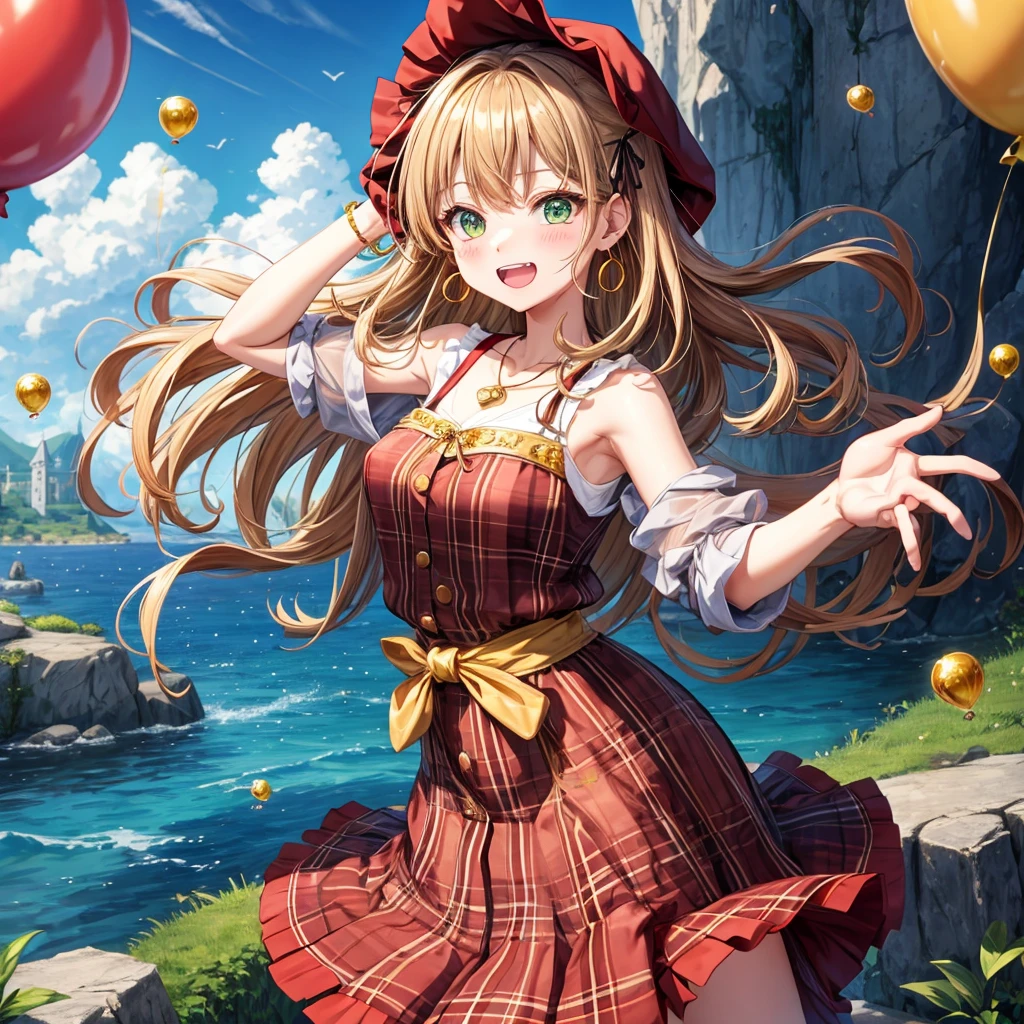 reddish-brown blonde、green eyes、one good looking girl、solo、anime、plaid mini skirt、the skirt has buttons、camisole、black t-shirt、dress、wearing a ribbon、ribbon at waist、cloak、hood、clouds are swirling、stone slabs are piled up、one hand raised、crystal earrings、sun、gold coins are falling、teeth are visible、splash of water、monster castle、have a world map、ceiling、golden key、balloon、jewelry necklace