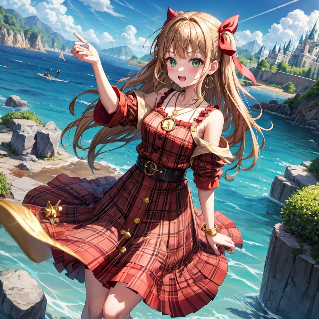 reddish-brown blonde、green eyes、one good looking girl、solo、anime、plaid mini skirt、the skirt has buttons、camisole、black t-shirt、dress、wearing a ribbon、ribbon at waist、cloak、hood、clouds are swirling、stone slabs are piled up、one hand raised、crystal earrings、sun、gold coins are falling、teeth are visible、splash of water、monster castle、have a world map、ceiling、golden key、balloon、jewelry necklace
