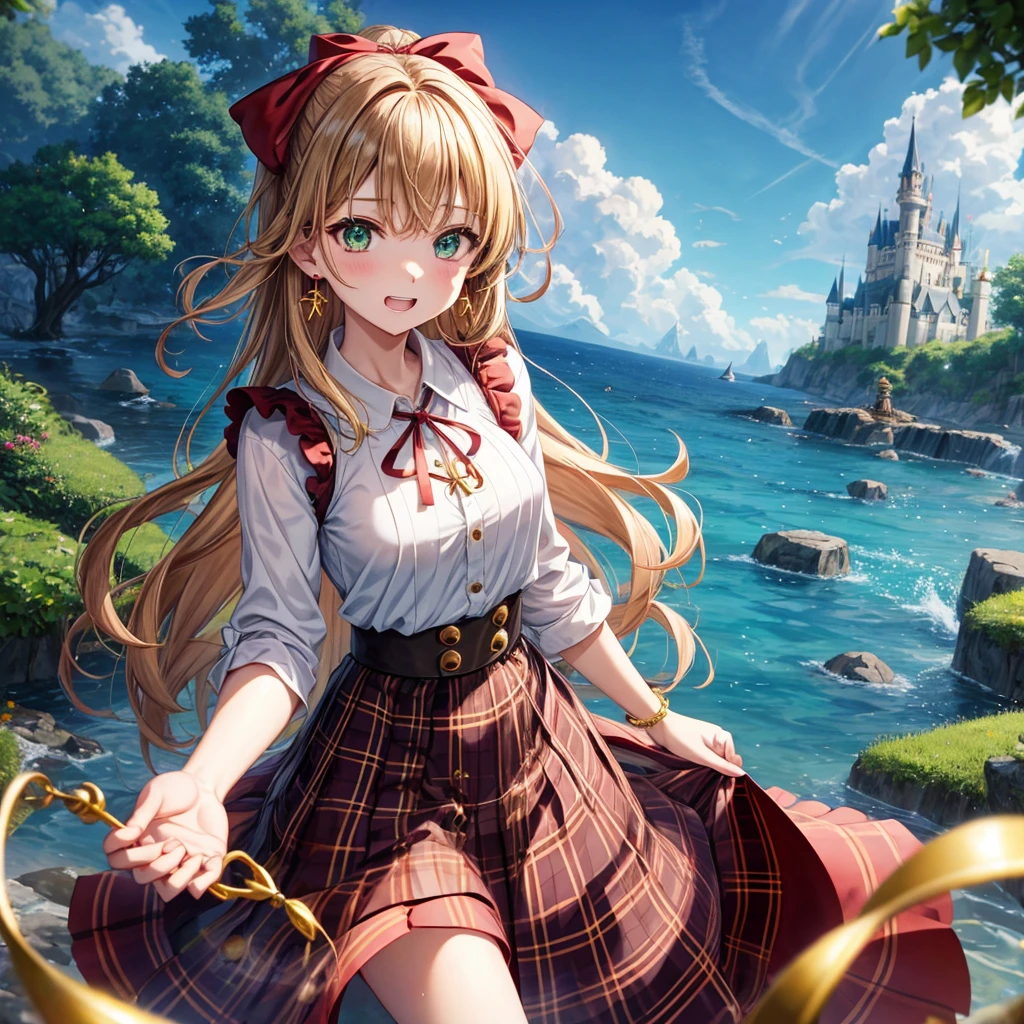 reddish-brown blonde、green eyes、one good looking girl、solo、anime、plaid mini skirt、the skirt has buttons、camisole、black t-shirt、dress、wearing a ribbon、ribbon at waist、cloak、hood、clouds are swirling、stone slabs are piled up、one hand raised、crystal earrings、sun、gold coins are falling、teeth are visible、splash of water、monster castle、have a world map、ceiling、golden key、balloon、jewelry necklace