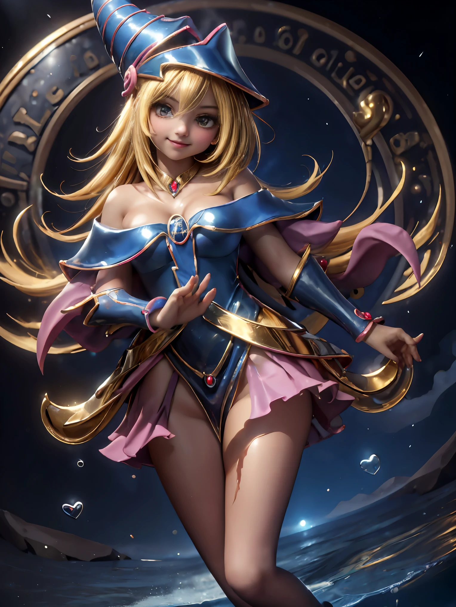 Dark magician gils en el aire, ella esta parada saltando, Magic hearts background. Sonrisa en sus labios. Ojos celestes. Cabello dorado. Pose sensual. Levitando en una pie. Tiene tacones. 1.1 Usa tacones azules y dorados . Usa tacones 