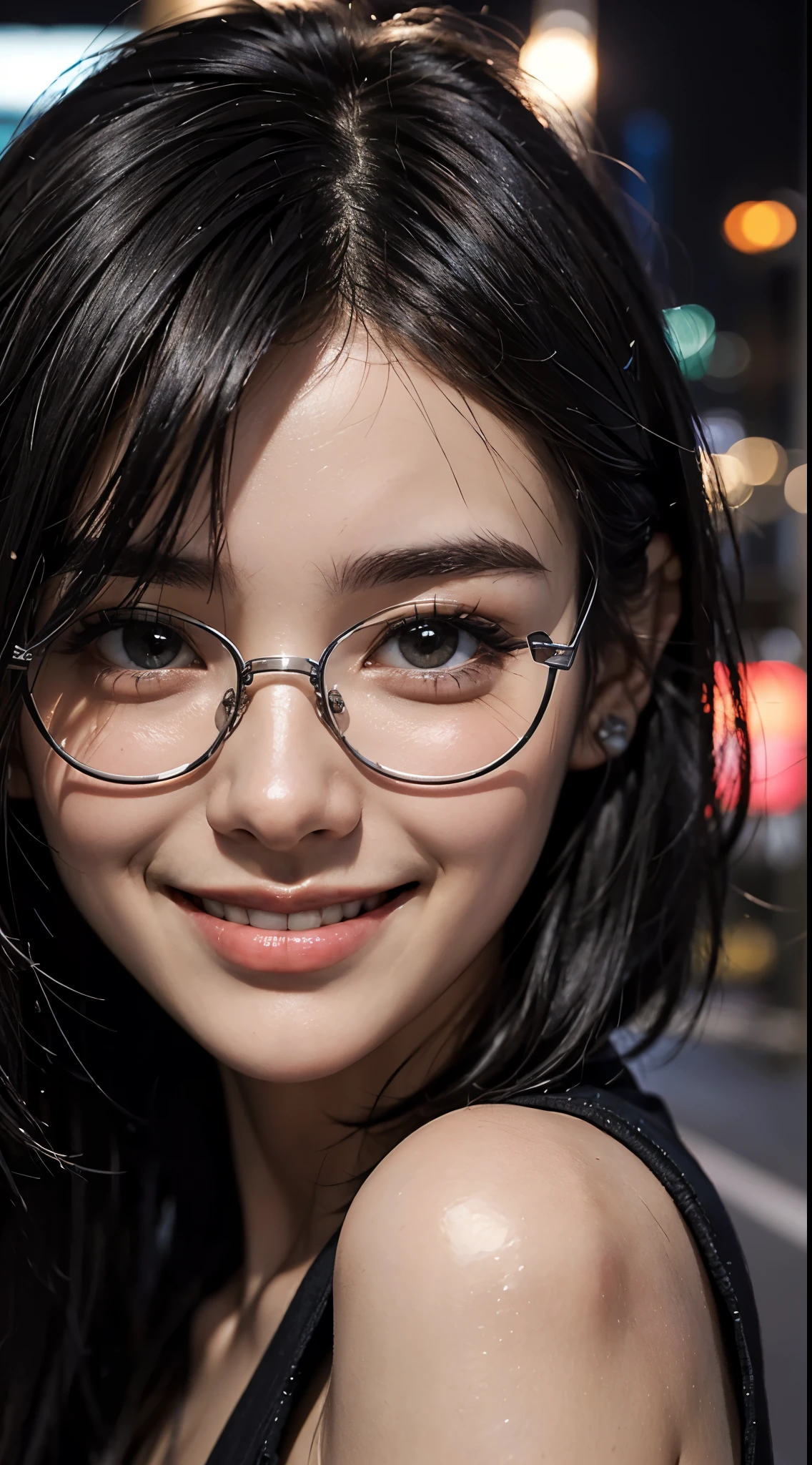 cute 18 year old,1 girl, tokyo street,night, cityscape,city lights, ((face close up:1.5)),((smile showing white teeth)),((jet black short hair))close, 8k, RAW photo, highest quality, masterpiece,realistic, photo-realistic,black rim glasses,