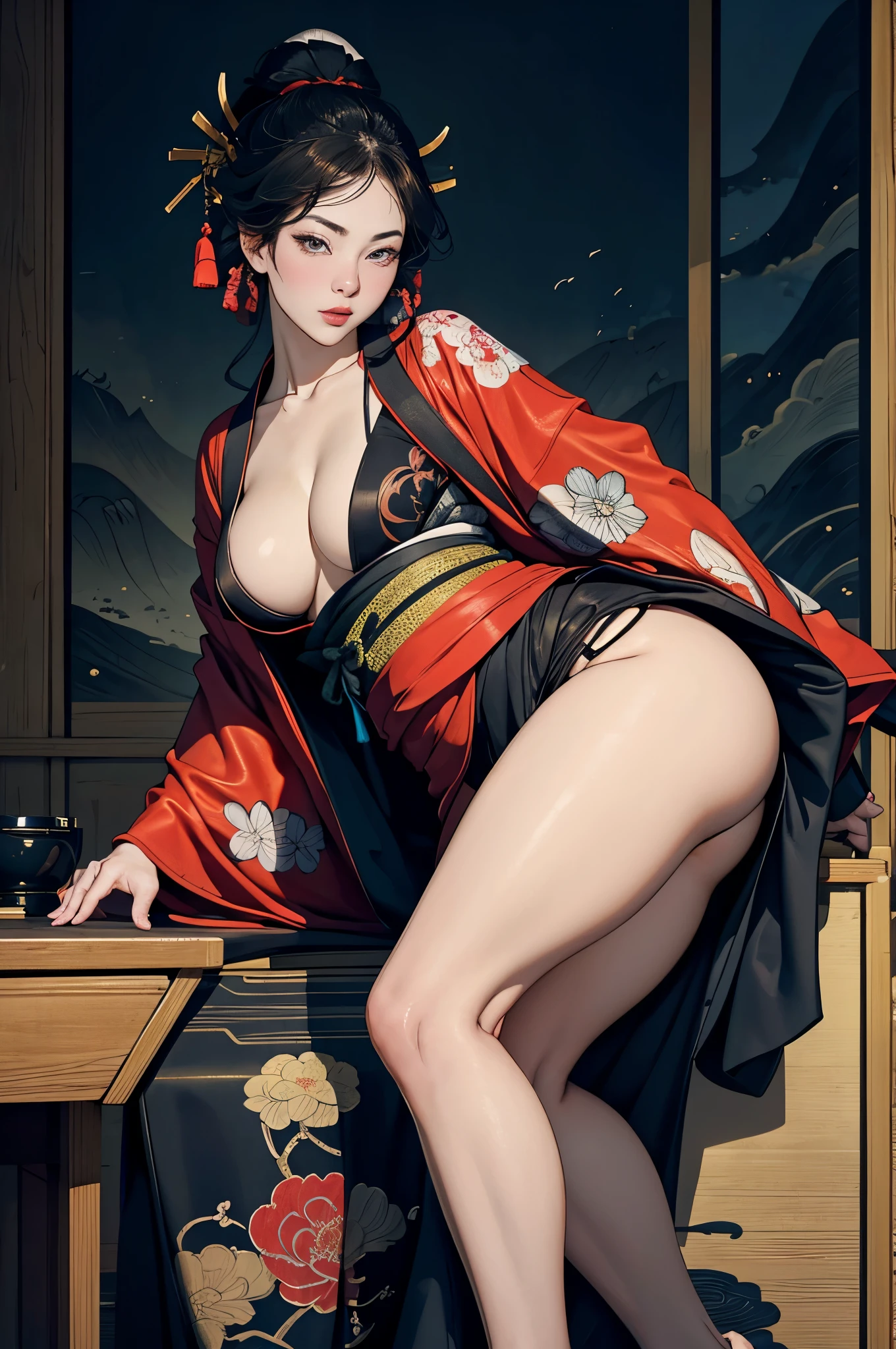 Umalinda warrior sexy, pretty face, Delicious Company, Alluring figure, Wearing a sexy open kimono. The artwork is created in a medium reminiscent of Japanese ink paintings....., 具有大胆的笔触和Monochromatic color palette. artist'Masterful technique reveals the intensity and power of the image'sense of presence,with the highest quality, Perfectly capture every detail with ultra-high resolution. Textures and intricate patterns on kimonos are rendered with extreme precision. Lighting is carefully designed,Enhance drama, Features deep shadows and subtle highlights. General, The artwork exudes elegance and power, Combining traditional Japanese aesthetics with a modern feel. Monochromatic color palette, Combine details, Create captivating and immersive experiences for your audience.