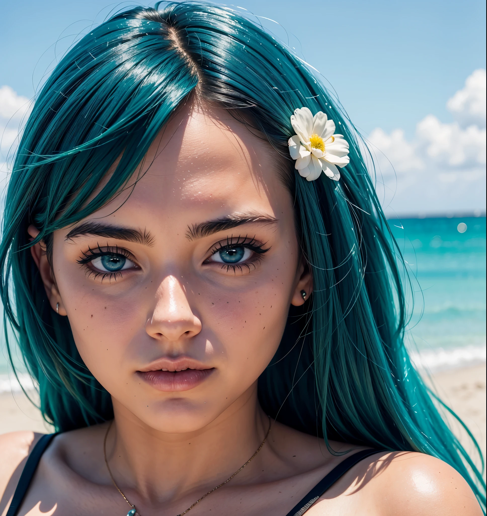 A portrait of a really beautiful 22 year old girl, green eyes, looking directly at the camera with blue hair, beautiful eyes and long lashes with makeup at the beach