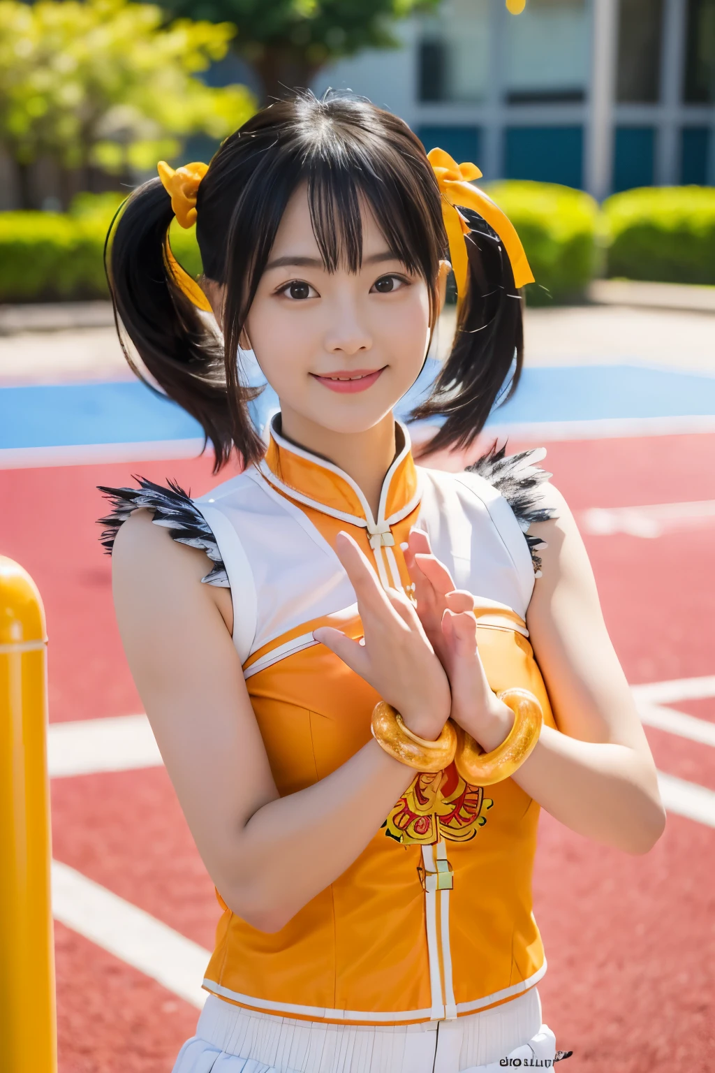 (masterpiece, highest quality:1.2), alone, 1 girl, high school girl,Upper body,Lin Xiaoyu, slight smile, twin tails, Chinese service, Orange Cheongsam, white shorts, No sleeve, jewelry, bracelet,schoolyard,playground,courtyard