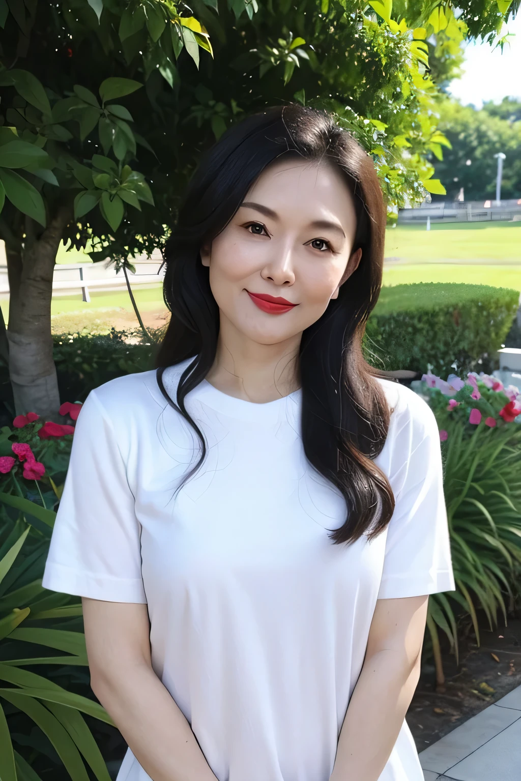 Draw lips correctly, red lipstick, from chest up, best quality, Super detailed, lifelike, Super fine skin, perfect anatomy, (1 日本Mature的女人), (alone),Wearing a black round neck dress,short sleeve,wavy long hair,37-year-old female,Mature,charming smile,garden background,stand,stand up,Slightly fat,Slightly fat,medium chest,full-body shot。