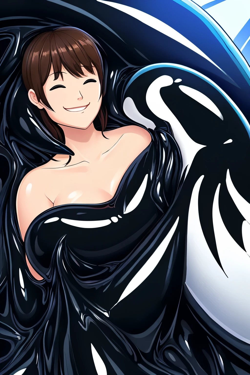 Slime goo female symbiote Orca, ((happy and contented)), (((human and orca love story))), Orca slime room, ((multiple symbiote Orcas coexisting)), Orca symbiote taking over a human, ((happy and satisfied human)), ((happy and loving Orca)), Orca black slime pool, Orca black slime water, ((black water serene and still)), ((black pool mysterious and alluring)), Black room, Orca slime room, ((living symbiote Orca suit)), ((human being enveloped by an Orca)), ((human bounded to an Orca by the slime)), ((intricate and detailed Orca symbiote