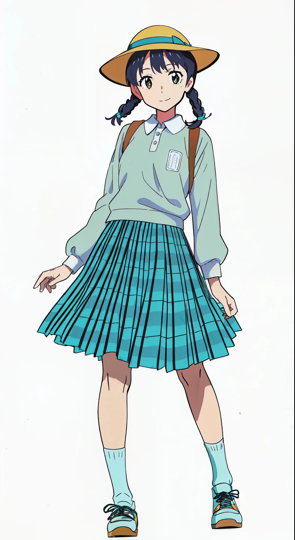 (best quality:1.0), (masterpiece:1.0), (super fine illustration:1.0), (beautiful artwork:1.0), (anime screencap:1.0), (official art:1.0), (cheerful:1.5), (light smile:1.5), (detailed beautiful eyes:1.25), (detailed beautiful face:1.25), (glowing black eyes:1.1), (white background:1.0), (best quality:1.0), (masterpiece:1.0), (super fine illustration:1.0), (beautiful artwork:1.0), (anime screencap:1.0), (official art:1.0), (full body:1.0), (solo:1.0), (ESGA:1.0), (a 12yo cute girl:1.25), (yellow hat:1.25), (red backpack:1.0), (long skirt:1.0), (green tartan skirt:1.0), (pleated skirt:1.0), (aqua blue polo shirt:1.0), (long sleeve polo shirt:1.0), (sneakers:1.0), (white socks:1.25), (ideal ratio body proportions:1.25), (lanky:1.25), (tall:1.25), (slender:1.25), (small breasts:1.25), (smaller face:1.25), (tareme:1.5), (detailed beautiful eyes:1.25), (detailed beautiful face:1.25), (glowing black eyes:1.0), (short hair:1.0), (twin braids:1.0), (black hair:1.0), (looking at viewer:1.25)