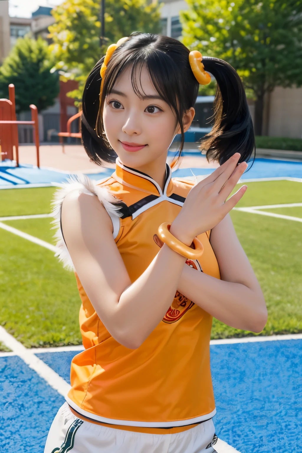 (masterpiece, highest quality:1.2), alone, 1 girl, high school girl,Upper body,Lin Xiaoyu, slight smile, twin tails, Chinese service, Orange Cheongsam, white shorts, No sleeve, jewelry, bracelet,schoolyard,playground,courtyard